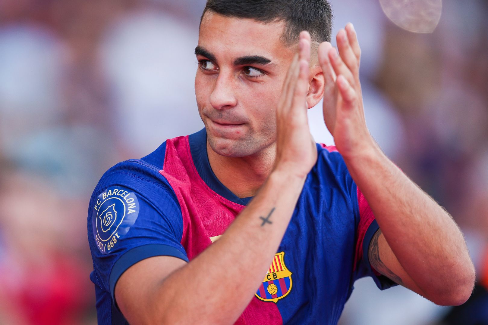 BARCELONA, SPAIN - AUGUST 12: Ferran Torres of FC Barcelona looks on prior to the Joan Gamper Trophy match between FC Barcelona and AS Monaco at Estadi Olimpic Lluis Companys on August 12, 2024 in Barcelona, Spain