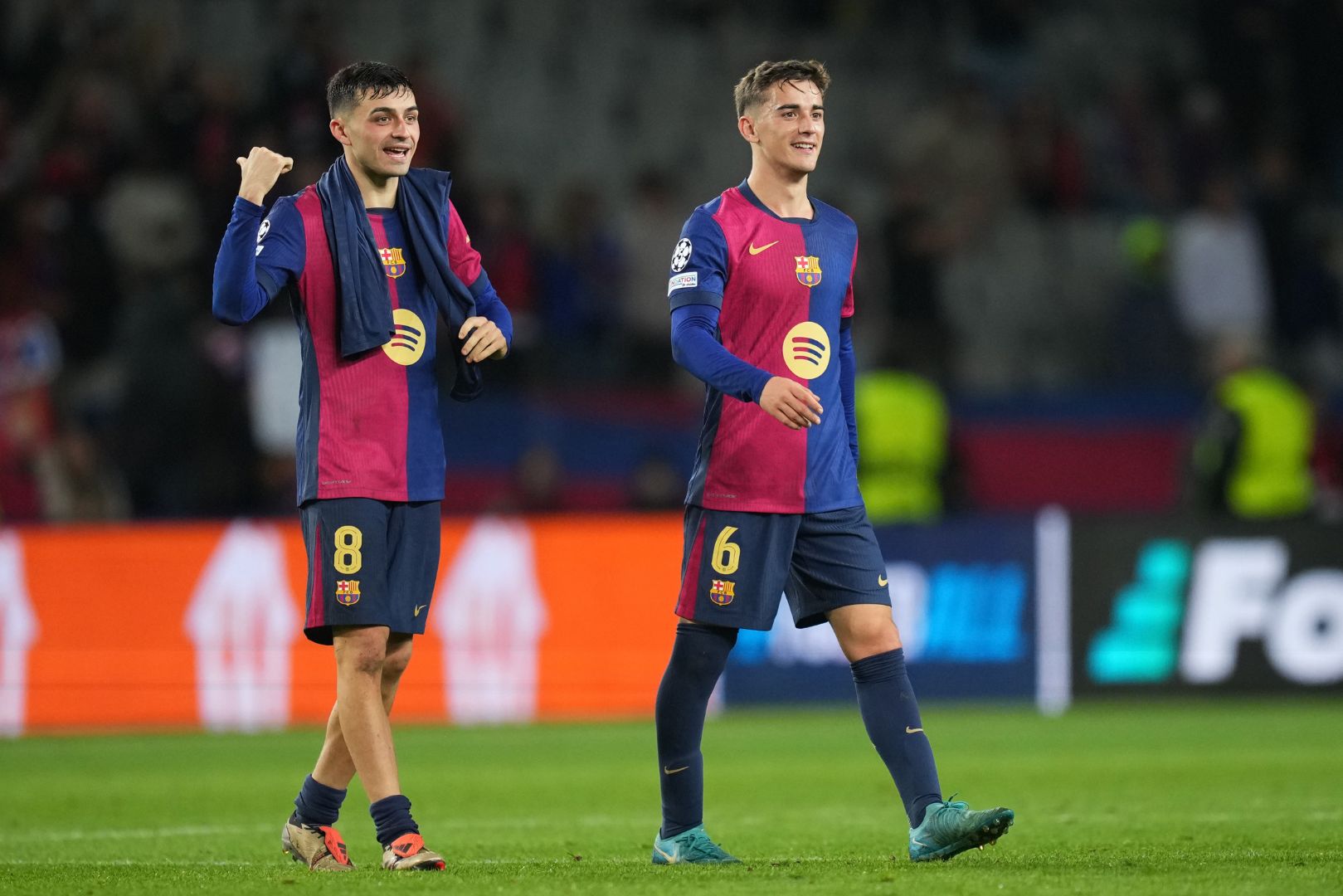 BARCELONA, SPAIN - NOVEMBER 26: Pedri and Gavi of FC Barcelona smile following the UEFA Champions League 2024/25 League Phase MD5 match between FC Barcelona and Stade Brestois 29 at Estadi Olimpic Lluis Companys on November 26, 2024 in Barcelona, Spain.