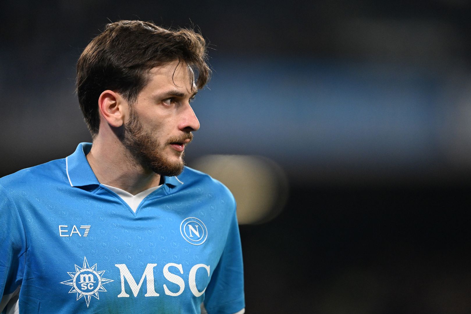 NAPLES, ITALY - NOVEMBER 24: Khvicha Kvaratskhelia of Napoli during the Serie A match between Napoli and AS Roma at Stadio Diego Armando Maradona on November 24, 2024 in Naples, Italy.