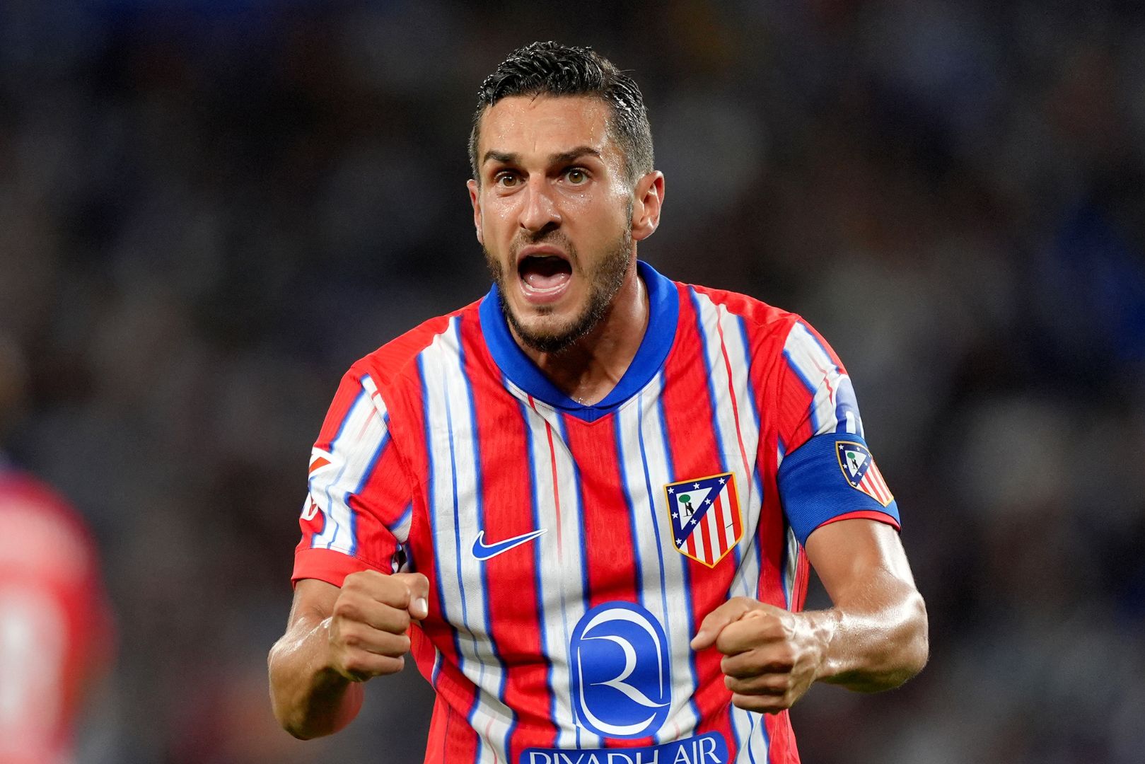 SAN SEBASTIAN, SPAIN - OCTOBER 06: Koke of Atletico Madrid reacts during the LaLiga match between Real Sociedad and Atletico de Madrid at Reale Arena on October 06, 2024 in San Sebastian, Spain.