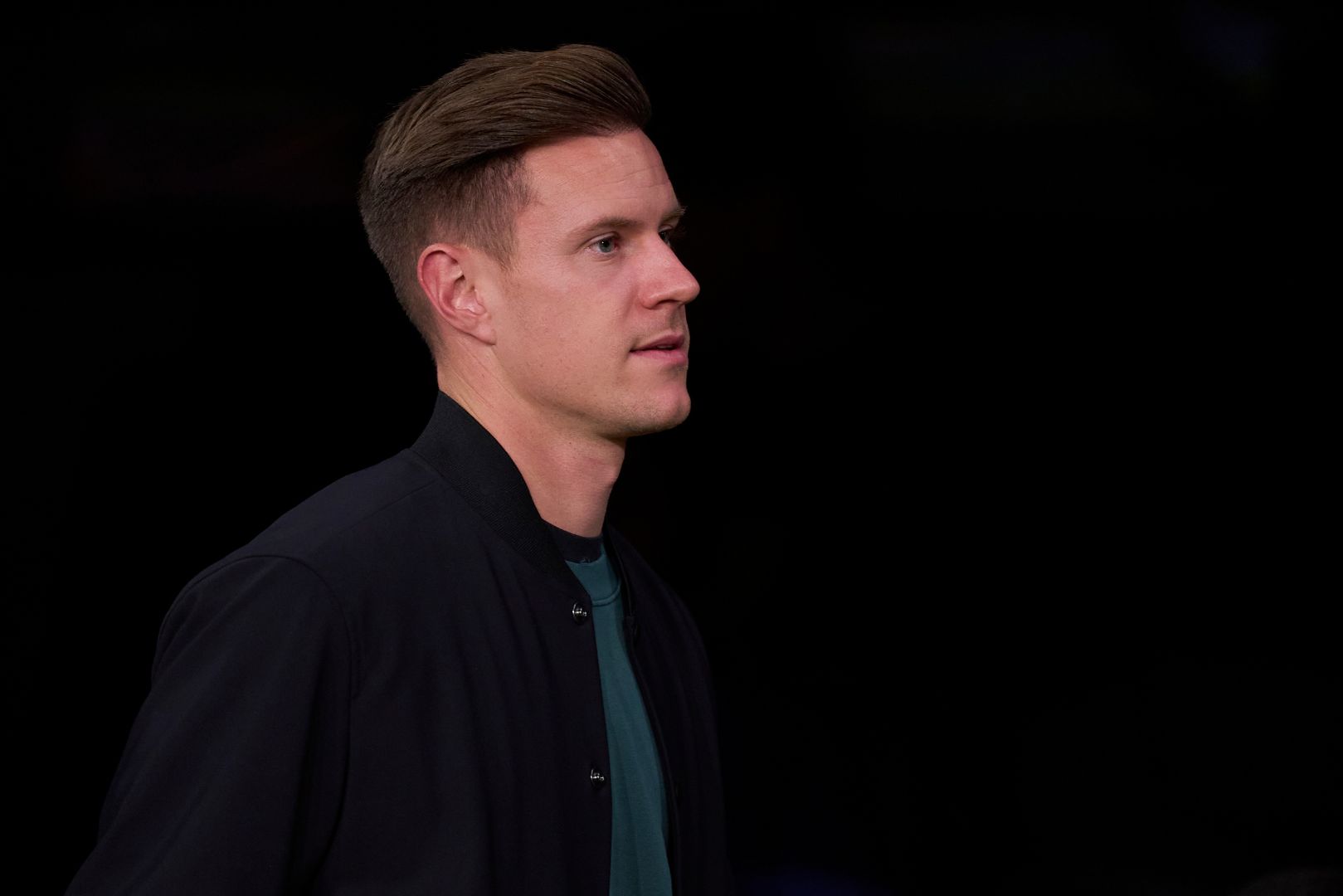BARCELONA, SPAIN - OCTOBER 23: Marc Andre Ter Stegen of FC Barcelona looks on prior to the UEFA Champions League 2024/25 League Phase MD3 match between FC Barcelona and FC Bayern Munchen at Estadi Olimpic Lluis Companys on October 23, 2024 in Barcelona, Spain.