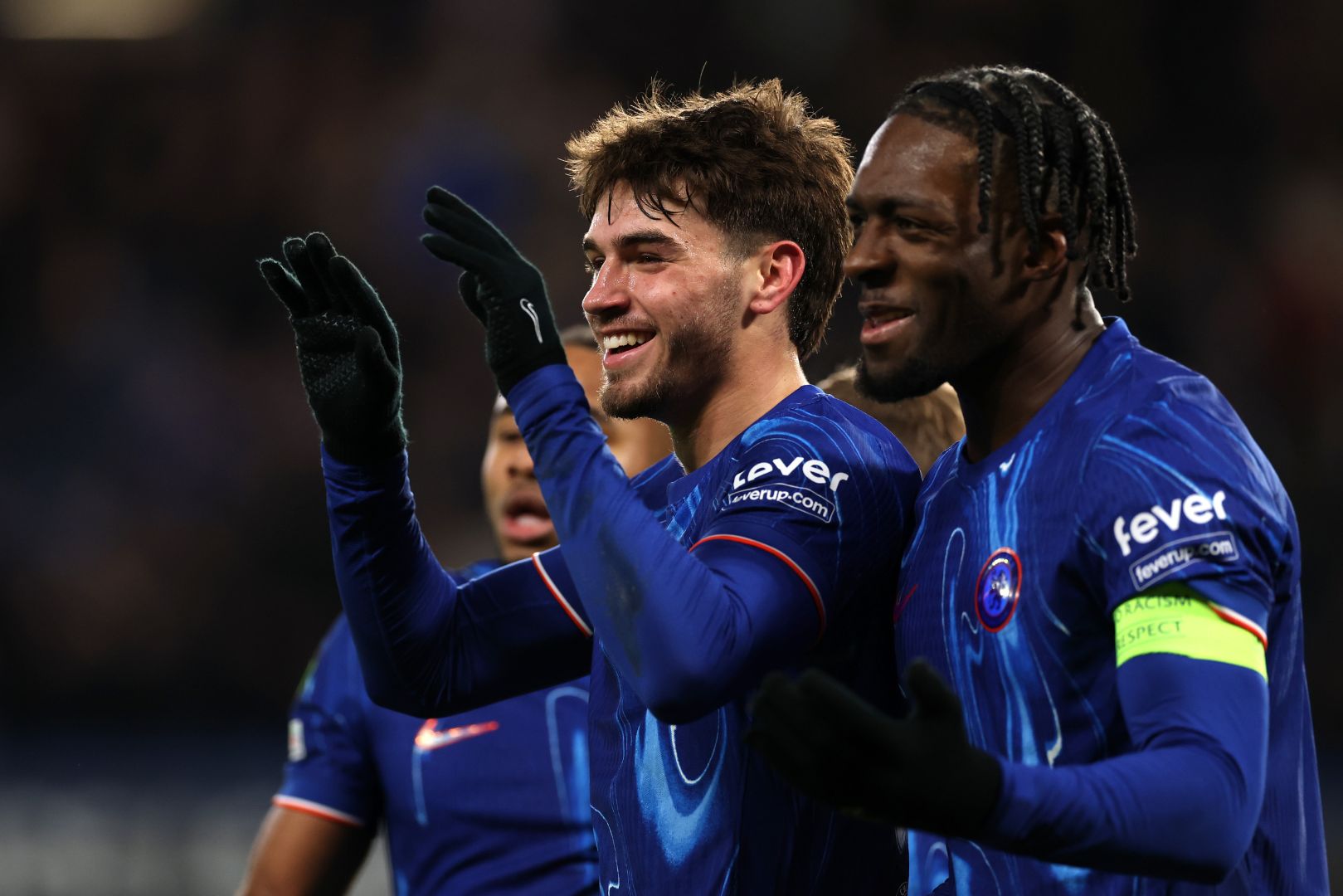 LONDON, ENGLAND - DECEMBER 19: Marc Guiu of Chelsea celebrates scoring his team's fourth goal and completing his hat-trick during the UEFA Conference League 2024/25 League Phase MD6 match between Chelsea FC and Shamrock Rovers FC at Stamford Bridge on December 19, 2024 in London, England.