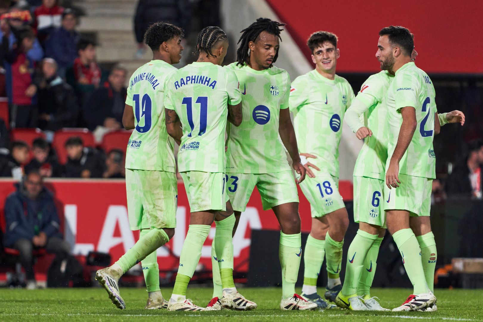 MALLORCA, SPAIN - DECEMBER 03: Pau Victor (3rd R) of FC Barcelona celebrates after scoring his team's fifth goal with teammates during the LaLiga match between RCD Mallorca and FC Barcelona at Estadi de Son Moix on December 03, 2024 in Mallorca, Spain.