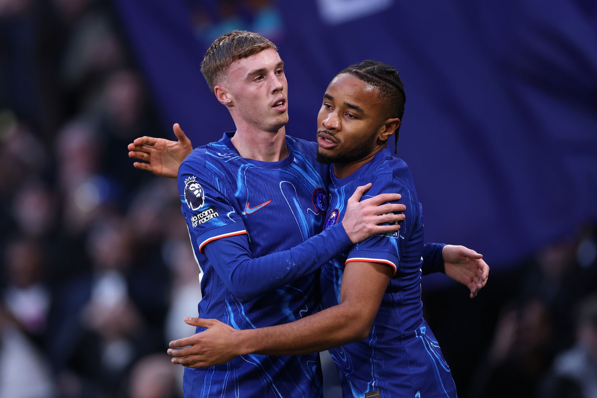 LONDON, ENGLAND - DECEMBER 01: Cole Palmer of Chelsea celebrates scoring his team's third goal with Christopher Nkunku during the Premier League match between Chelsea FC and Aston Villa FC at Stamford Bridge on December 01, 2024 in London, England.