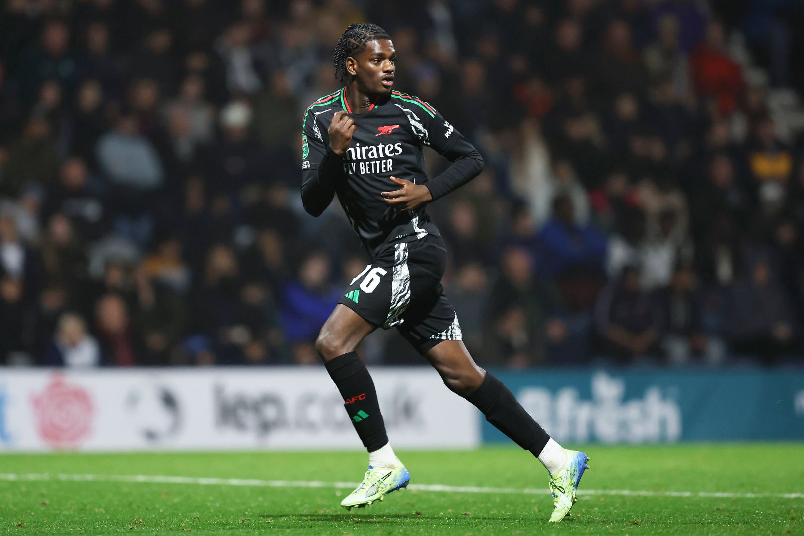 PRESTON, ENGLAND - OCTOBER 30: Ayden Heaven of Arsenal looks on during the Carabao Cup Fourth Round match between Preston North End and Arsenal at Deepdale on October 30, 2024 in Preston, England.