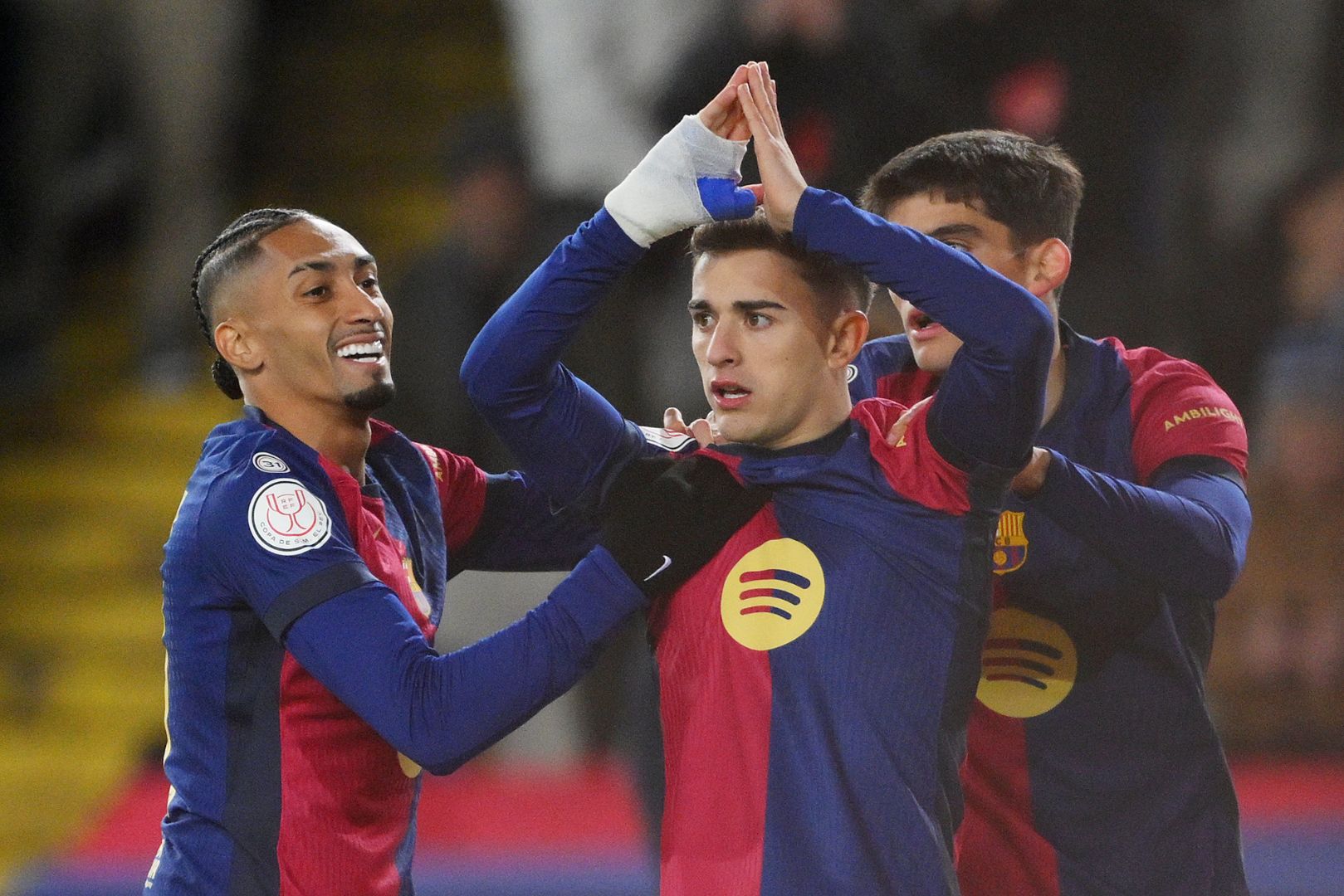 BARCELONA, SPAIN - JANUARY 15: Gavi of FC Barcelona celebrates scoring his team's first goal during the Copa del Rey Round of 16 match between FC Barcelona and Real Betis at Estadi Olimpic Lluis Companys on January 15, 2025 in Barcelona, Spain.