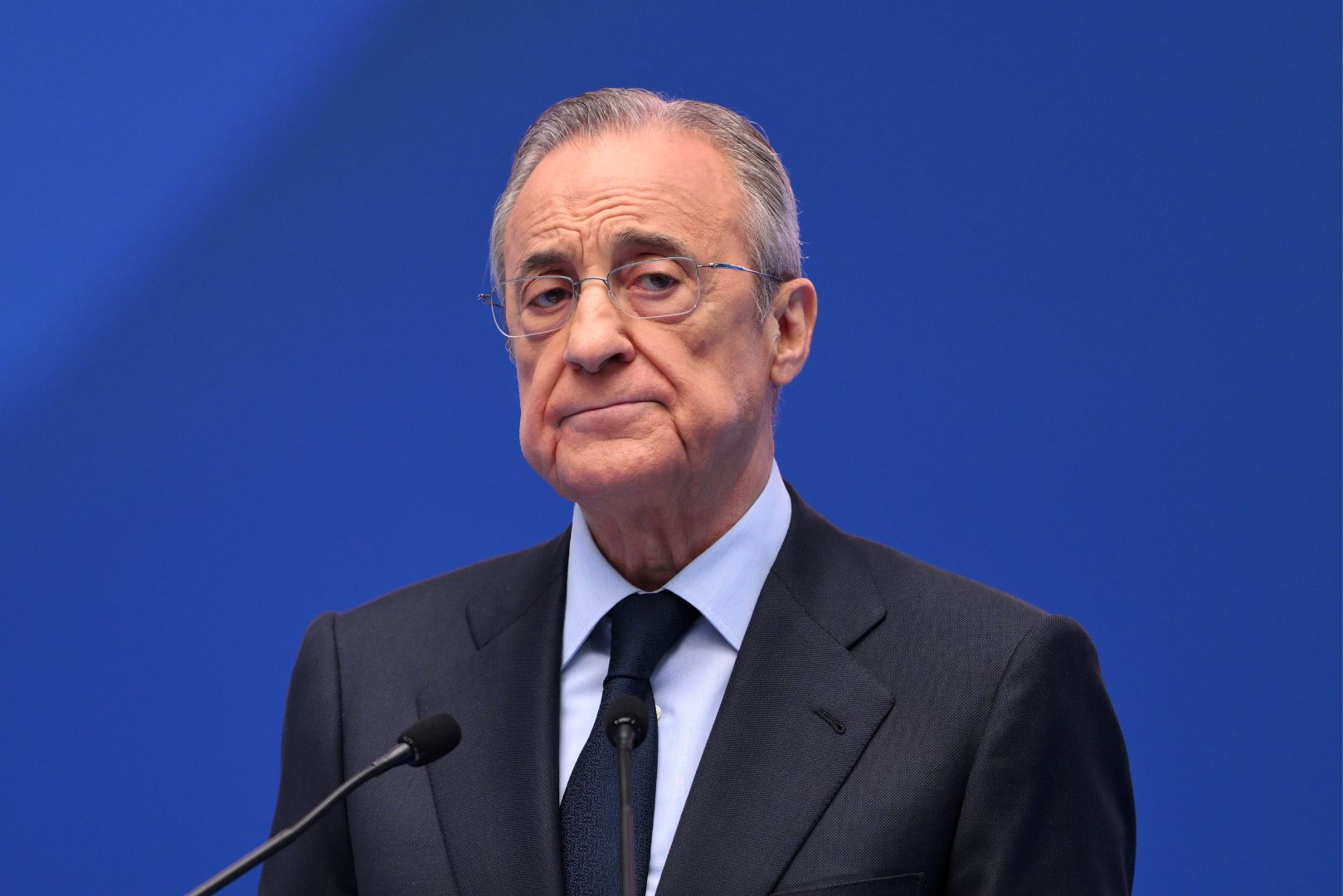 MADRID, SPAIN - JULY 16: Florentino Perez Rodriguez, President of Real Madrid speaks as Real Madrid new signing, Kylian Mbappe is unveiled at Estadio Santiago Bernabeu on July 16, 2024 in Madrid, Spain.