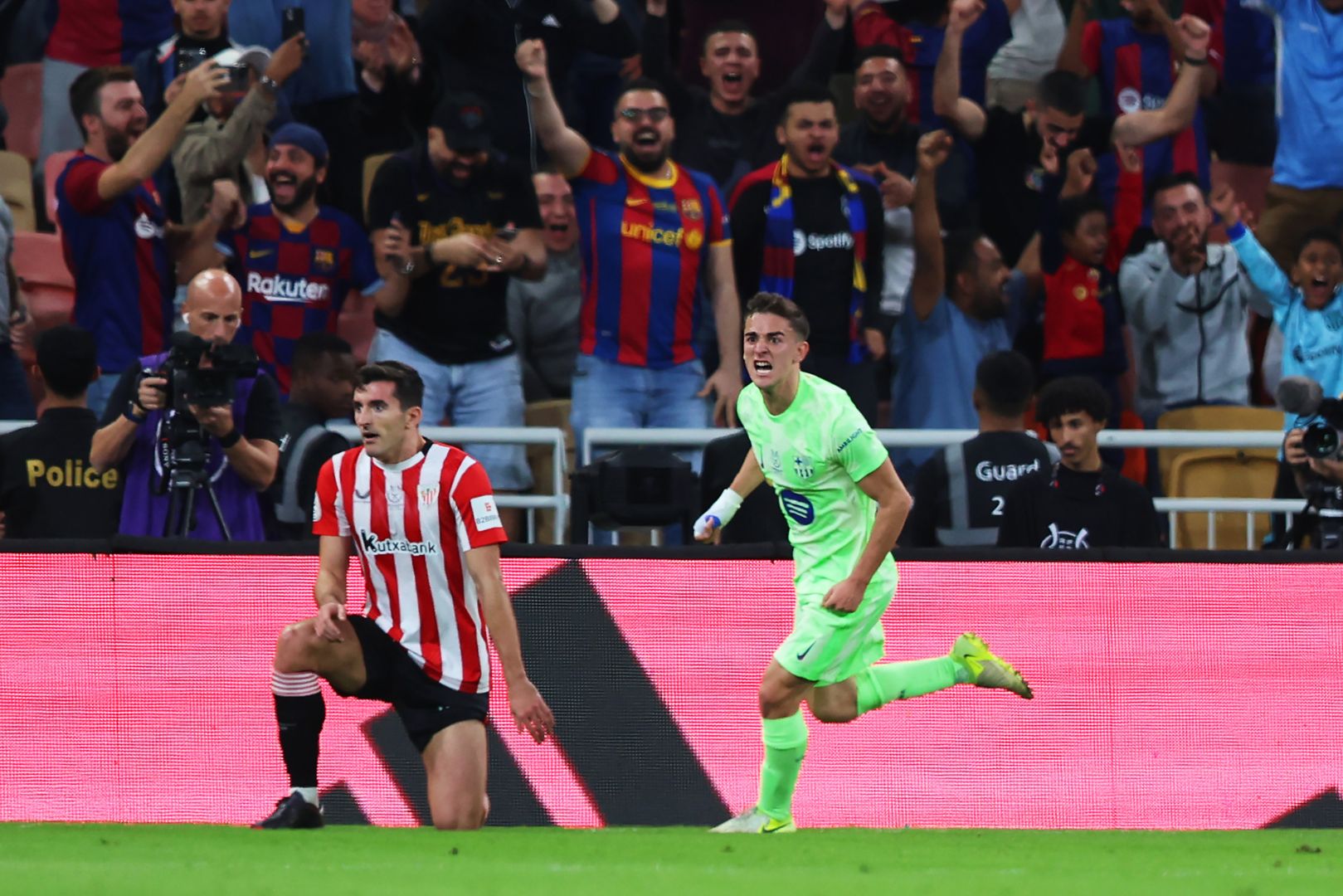 JEDDAH, SAUDI ARABIA - JANUARY 08: Gavi of FC Barcelona celebrates scoring his team's first goal during the Spanish Super Cup Semi-Final match between Athletic Club de Bilbao and FC Barcelona at King Abdullah Sports City on January 08, 2025 in Jeddah, Saudi Arabia.