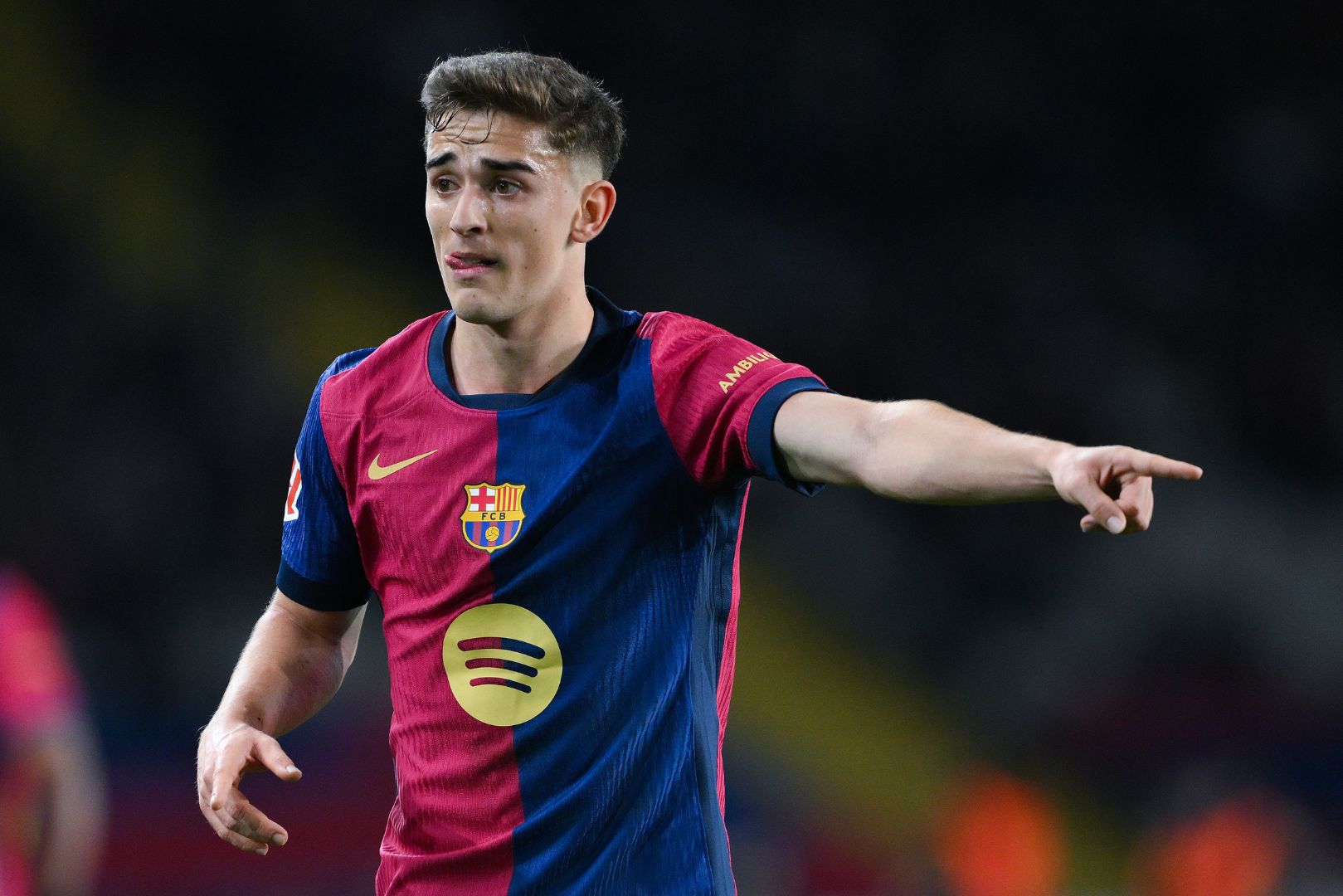 BARCELONA, SPAIN - DECEMBER 21: Gavi of FC Barcelona reacts during the LaLiga match between FC Barcelona and Atletico de Madrid at Estadi Olimpic Lluis Companys on December 21, 2024 in Barcelona, Spain.