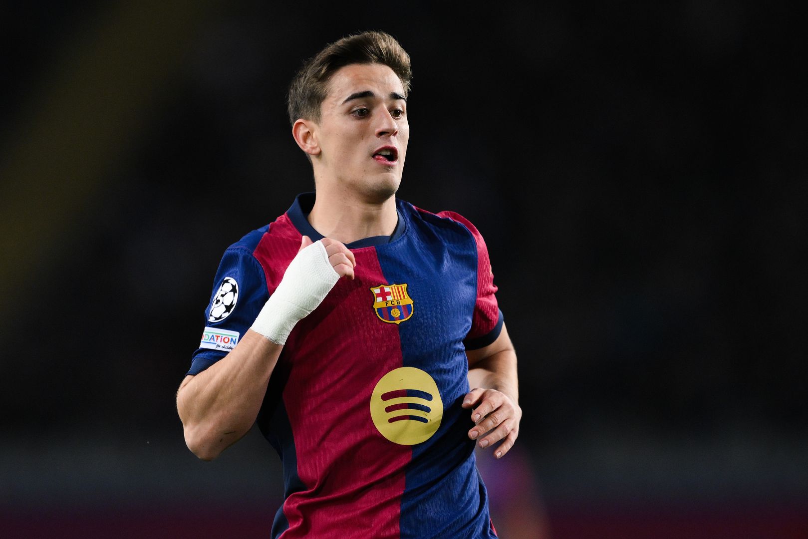 BARCELONA, SPAIN - JANUARY 29: Gavi of FC Barcelona looks on during the UEFA Champions League 2024/25 League Phase MD8 match between FC Barcelona and Atalanta BC at Estadi Olimpic Lluis Companys on January 29, 2025 in Barcelona, Spain.