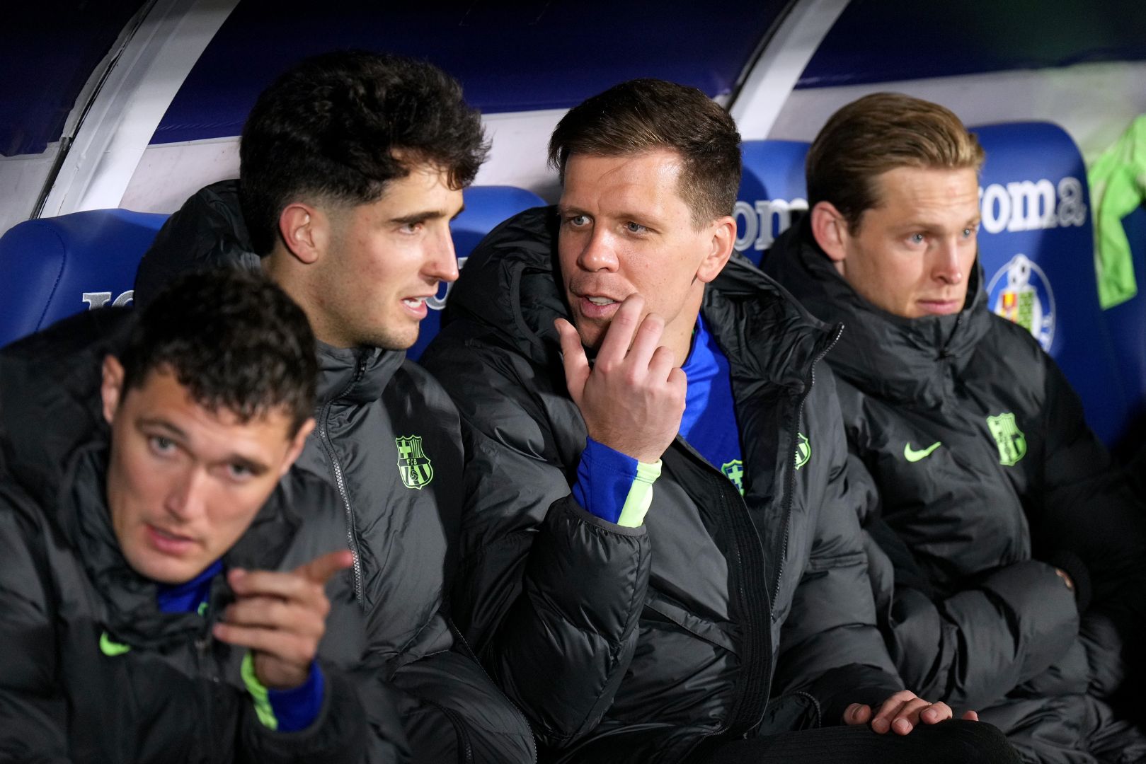 GETAFE, SPAIN - JANUARY 18: Wojciech Szczesny of FC Barcelona interacts with teammates on the substitutes bench prior to the LaLiga match between Getafe CF and FC Barcelona at Coliseum Alfonso Perez on January 18, 2025 in Getafe, Spain.
