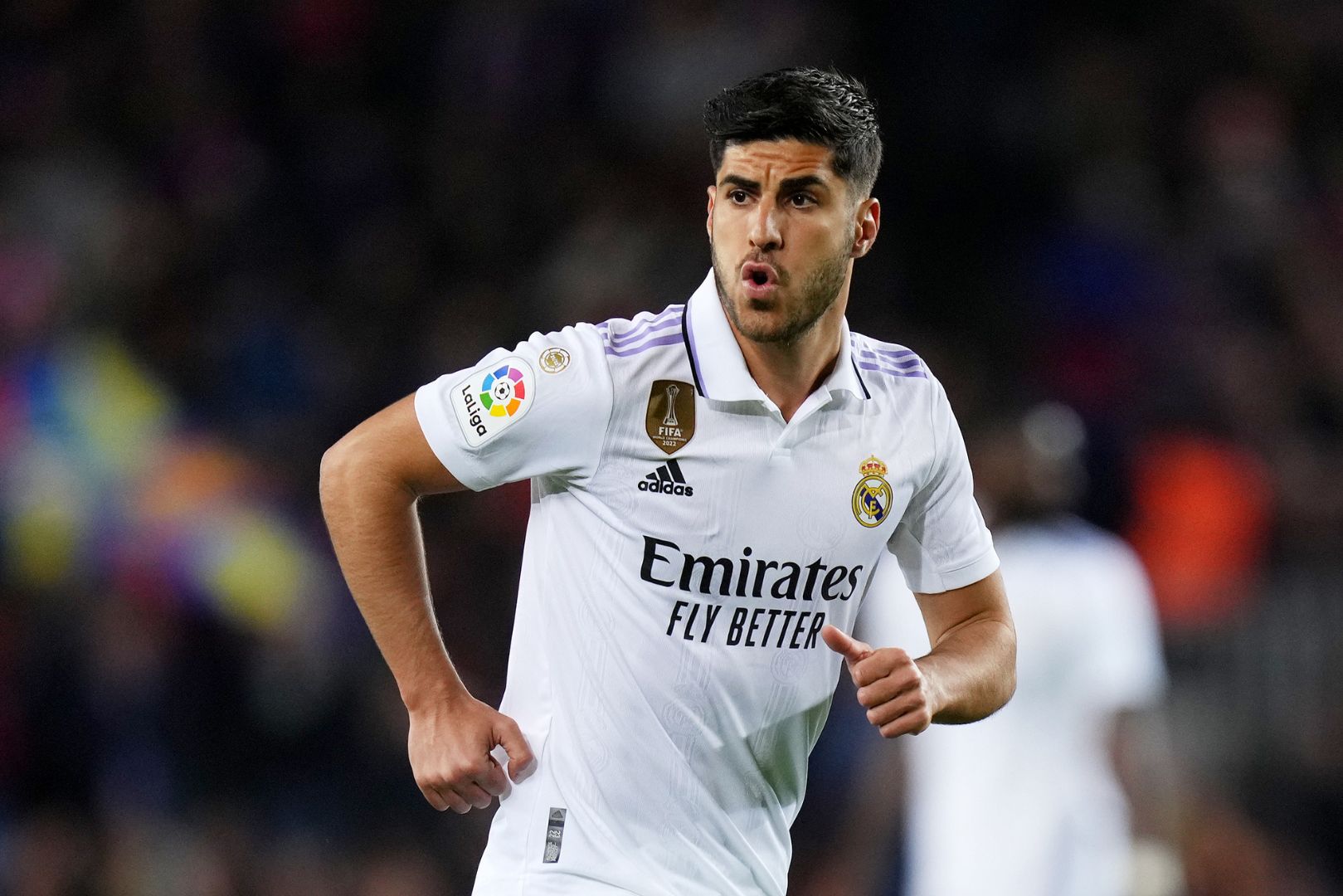 BARCELONA, SPAIN - MARCH 19: Marco Asensio of Real Madrid reacts during the LaLiga Santander match between FC Barcelona and Real Madrid CF at Spotify Camp Nou on March 19, 2023 in Barcelona, Spain.