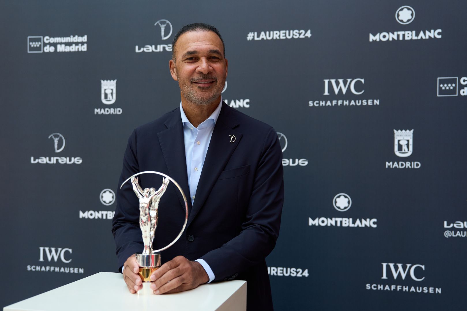 MADRID, SPAIN - FEBRUARY 26: Laureus Academy Member Ruud Gullit poses with The Laureus World Sports Award trophy during the Laureus World Sports Awards 2024 nominations announcement at Real Casa de Correos on February 26, 2024 in Madrid, Spain.