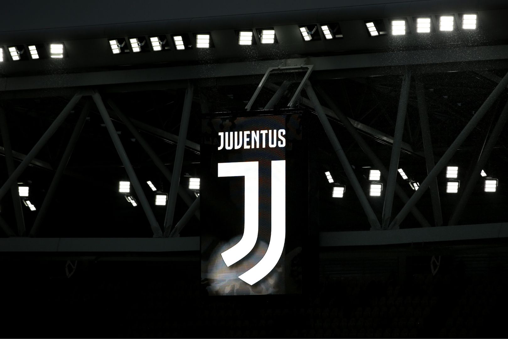 TURIN, ITALY - APRIL 03: The Juventus logo is seen on a stand prior to the UEFA Champions League Quarter Final Leg One match between Juventus and Real Madrid at Allianz Stadium on April 3, 2018 in Turin, Italy.