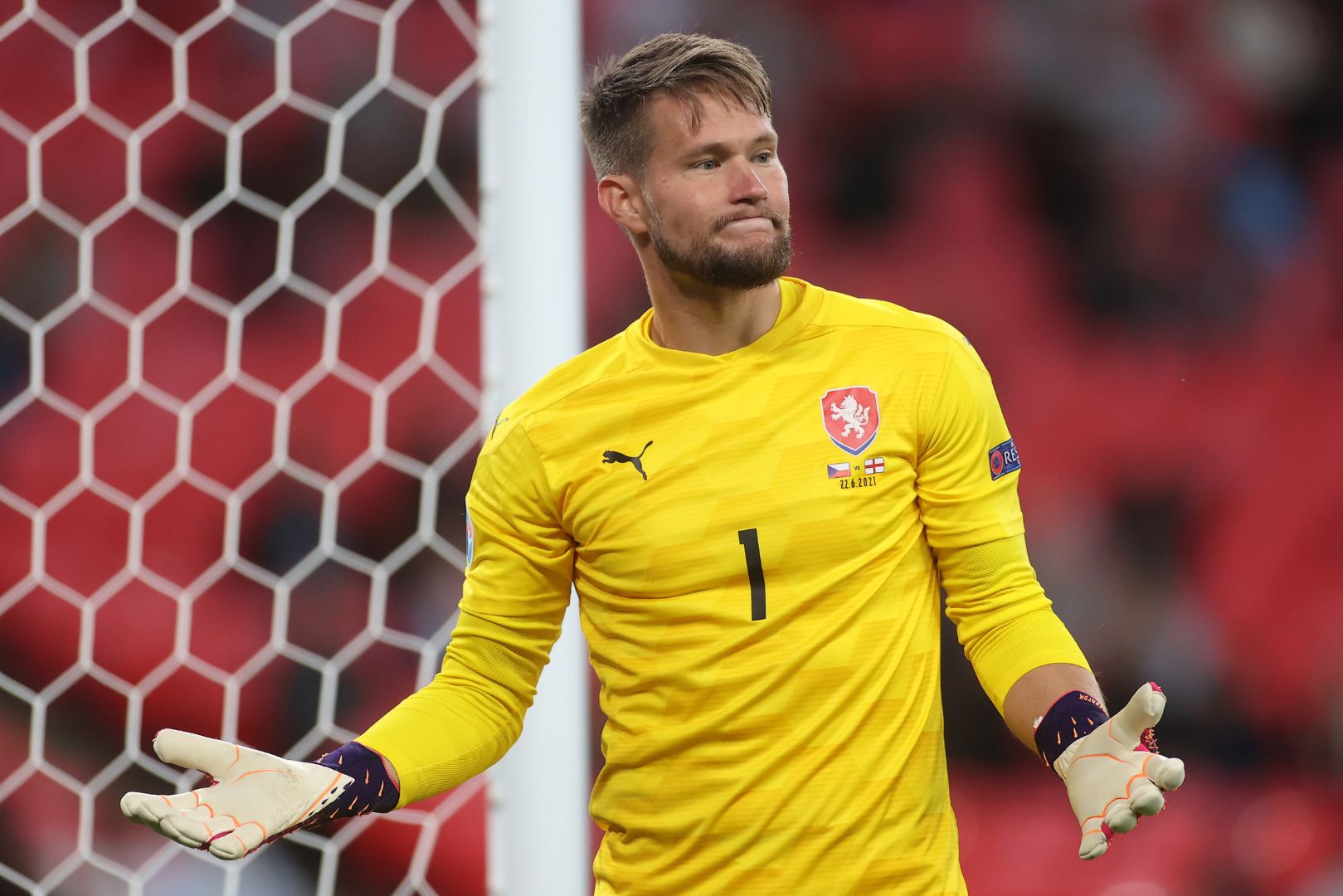 LONDON, ENGLAND - JUNE 22: Tomas Vaclik of Czech Republic reacts during the UEFA Euro 2020 Championship Group D match between Czech Republic and England at Wembley Stadium on June 22, 2021 in London, England.