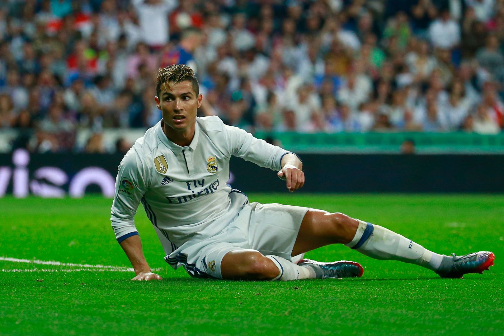MADRID, SPAIN - APRIL 23: Cristiano Ronaldo of Real Madrid reacts during the La Liga match between Real Madrid CF and FC Barcelona at Estadio Bernabeu on April 23, 2017 in Madrid, Spain.