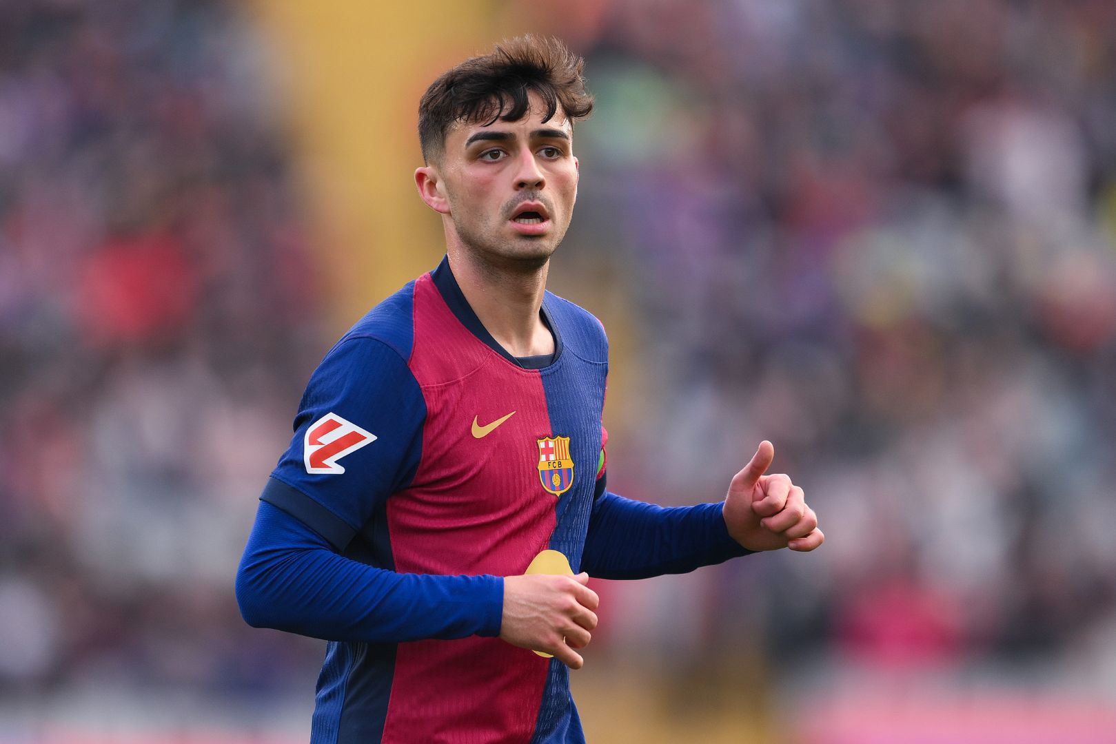 BARCELONA, SPAIN - FEBRUARY 02: Pedri of FC Barcelona looks on during the LaLiga match between FC Barcelona and Deportivo Alaves at Estadi Olimpic Lluis Companys on February 02, 2025 in Barcelona, Spain.