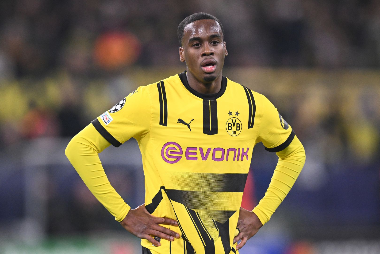 DORTMUND, GERMANY - JANUARY 29: Jamie Gittens of Dortmund looks on during the UEFA Champions League 2024/25 League Phase MD8 match between Borussia Dortmund and FC Shakhtar Donetsk at BVB Stadion Dortmund on January 29, 2025 in Dortmund, Germany.