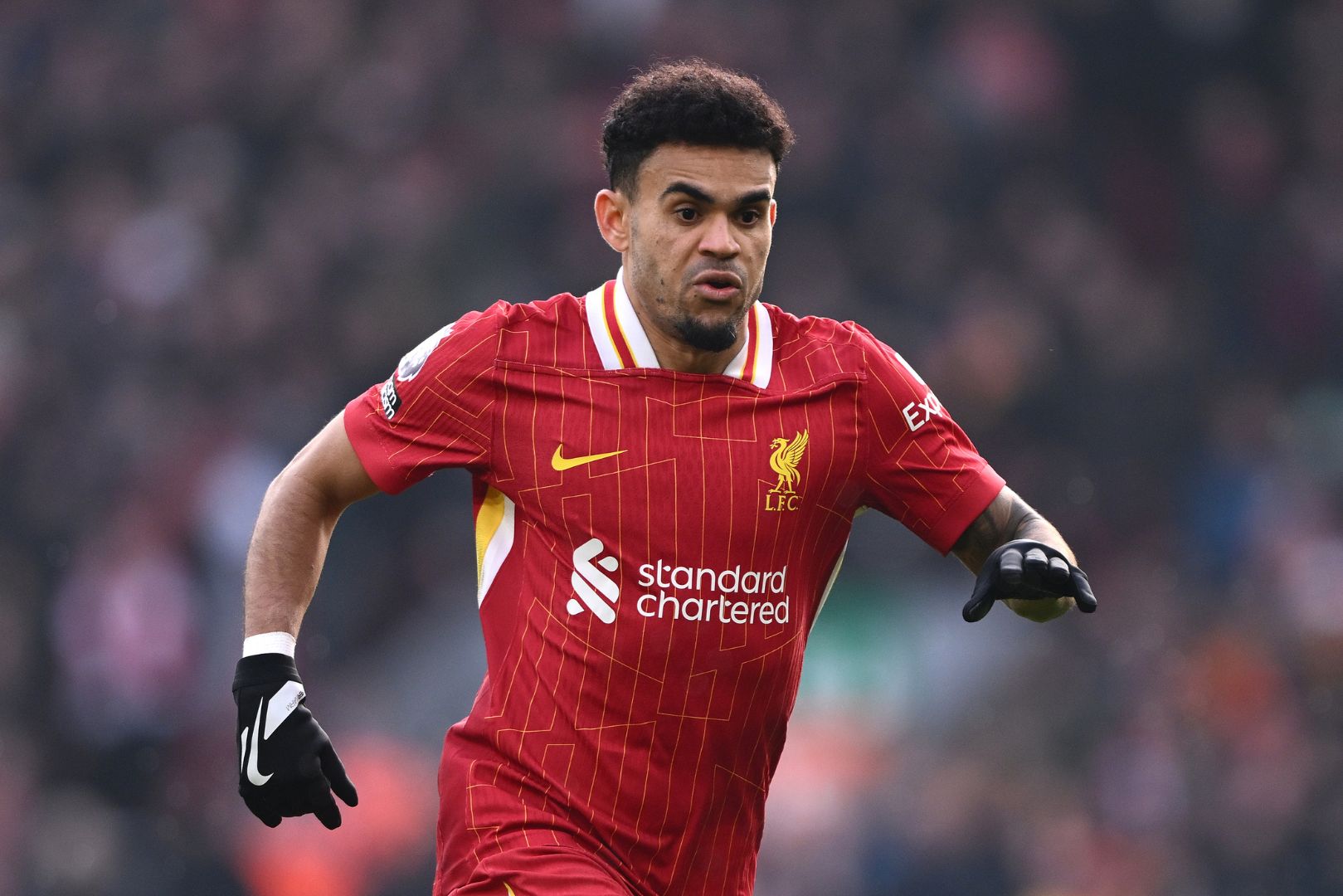LIVERPOOL, ENGLAND - FEBRUARY 16: Luis Diaz of Liverpool in action during the Premier League match between Liverpool FC and Wolverhampton Wanderers FC at Anfield on February 16, 2025 in Liverpool, England.