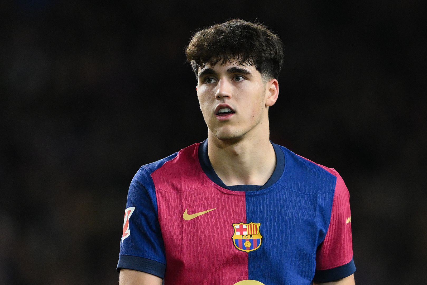 BARCELONA, SPAIN - JANUARY 26: Pau Cubarsí of FC Barcelona looks on during the LaLiga match between FC Barcelona and Valencia CF at Estadi Olimpic Lluis Companys on January 26, 2025 in Barcelona, Spain.