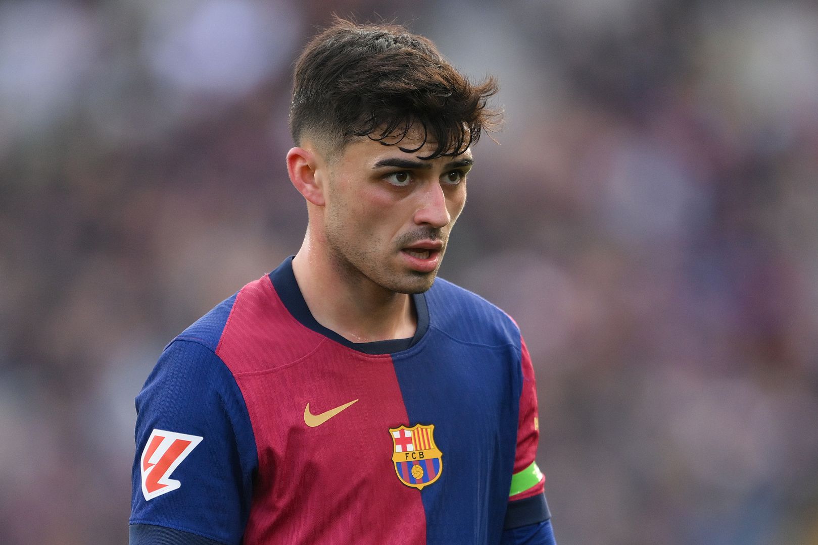 BARCELONA, SPAIN - FEBRUARY 02: Pedri of FC Barcelona looks on during the LaLiga match between FC Barcelona and Deportivo Alaves at Estadi Olimpic Lluis Companys on February 02, 2025 in Barcelona, Spain.