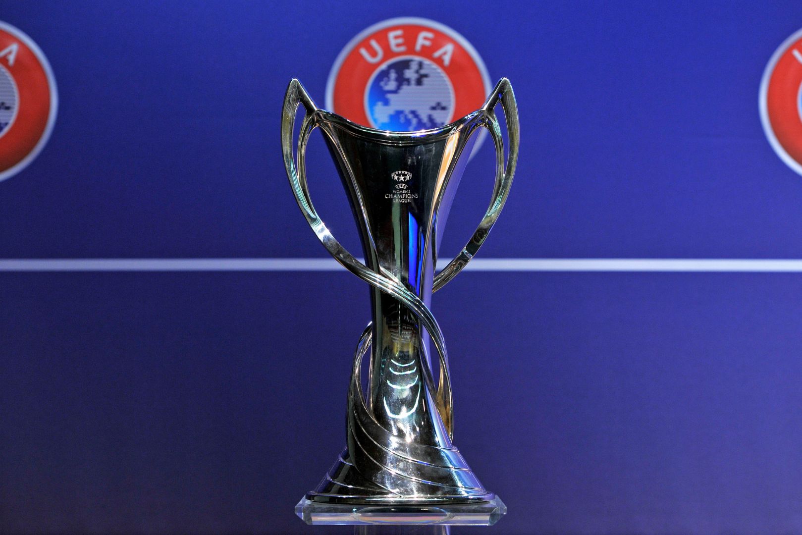 The UEFA Womens Champions League trophy is seen prior to the UEFA Womens Champions League draw at the UEFA headquarters in Nyon, Switzerland.