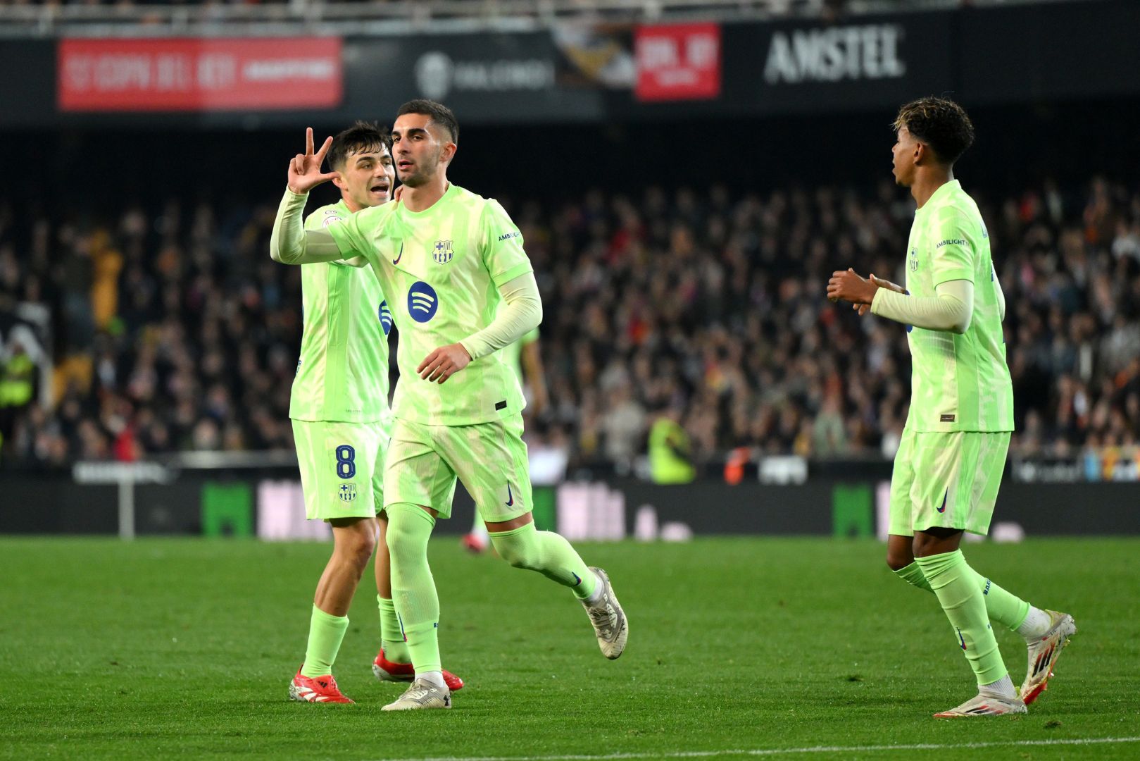 VALENCIA, SPAIN - FEBRUARY 06: Ferran Torres of FC Barcelona celebrates scoring his team's fourth goal to complete his hat-trick during the Copa del Rey quarter-final match between Valencia CF and FC Barcelona at the Estadio Mestalla on February 06, 2025 in Valencia, Spain.