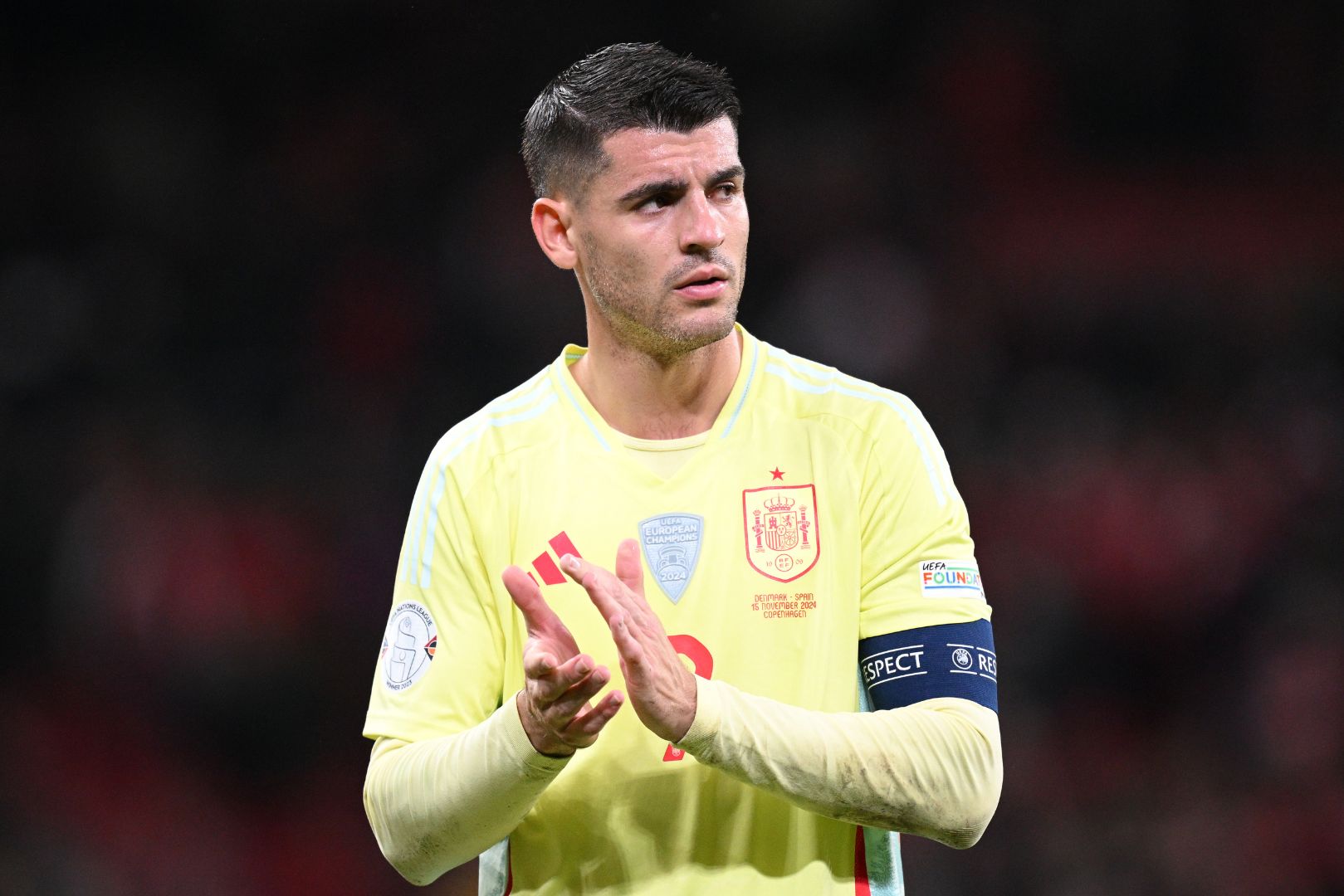 COPENHAGEN, DENMARK - NOVEMBER 15: Álvaro Morata of Spain acknowledges the fans after the UEFA Nations League 2024/25 League A Group A4 match between Denmark and Spain at on November 15, 2024 in Copenhagen, Denmark.