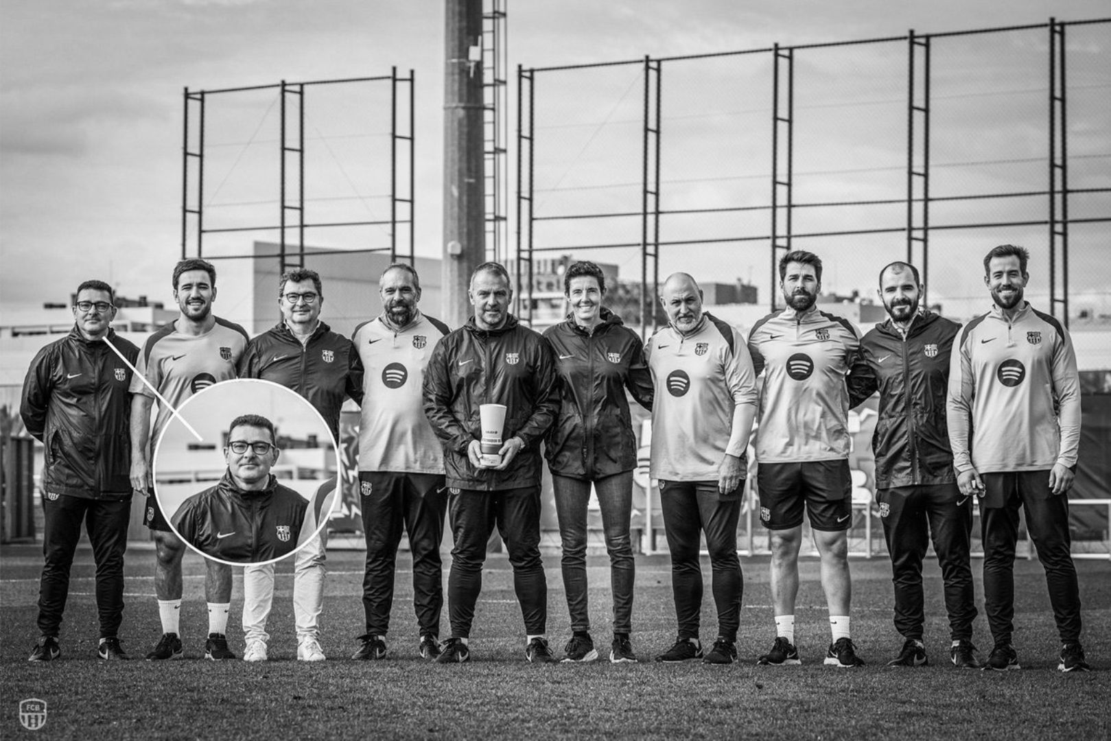 Dr. Carles Miñarro Garcia, FC Barcelona's first-team doctor, seen with fellow Barcelona staff members in a zoomed-in photo. Tragically, Dr. Miñarro Garcia passed away last night.