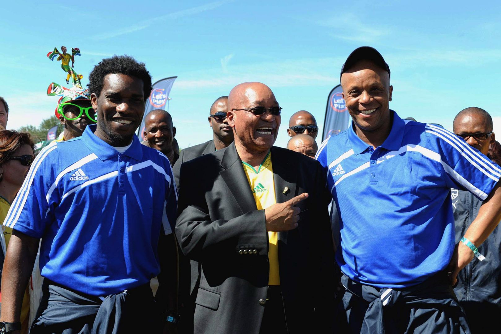 KIMBERLEY, SOUTH AFRICA - APRIL 21: (NO SALES) In this handout image provided by the 2010 FIFA World Cup Organising Committee South Africa, (L-R) Jay-Jay Okocha, President Jacob Zuma and Doctor Khumalo attend celebrations marking the 50 Day Countdown to the start of the FIFA 2010 World Cup soccer tournament on April 21, 2010 in Kimberley, South Africa.