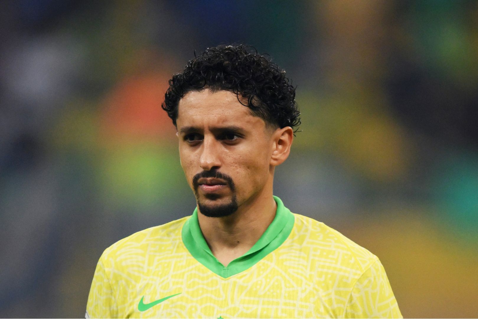 SALVADOR, BRAZIL - NOVEMBER 19: Marquinhos of Brazil lines up prior to the South American FIFA World Cup 2026 Qualifier match between Brazil and Uruguay at Arena Fonte Nova on November 19, 2024 in Salvador, Brazil.