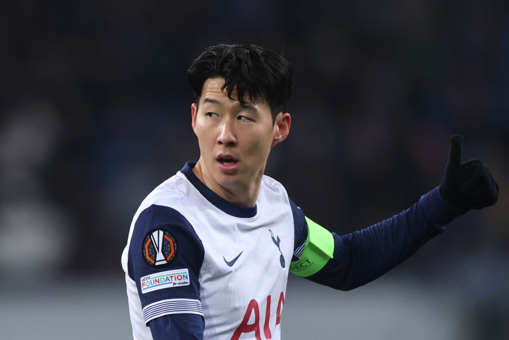SINSHEIM, GERMANY - JANUARY 23: Son Heung-Min of Tottenham Hotspur reacts during the UEFA Europa League 2024/25 League Phase MD7 match between TSG 1899 Hoffenheim and Tottenham Hotspur at Rhein-Neckar-Arena on January 23, 2025 in Sinsheim, Germany.