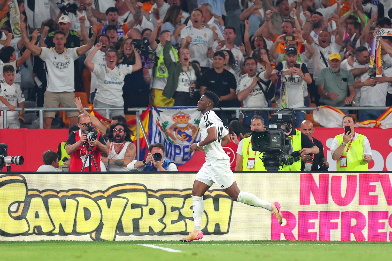 SEVILLE, SPAIN - APRIL 26: Aurelien Tchouameni of Real Madrid celebrates scoring his team's second goal during the Copa del Rey Final match between FC Barcelona and Real Madrid at Estadio de La Cartuja on April 26, 2025 in Seville, Spain.