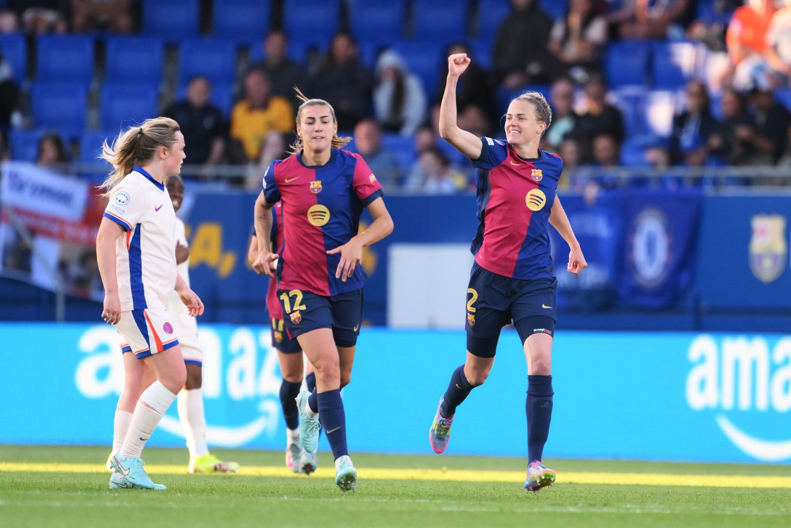 BARCELONA, SPAIN - APRIL 20: Irene Paredes of FC Barcelona celebrates scoring her team's third goal during the UEFA Women's Champions League Semi-Final first leg match between FC Barcelona and Chelsea FC Women at Estadi Johan Cruyff on April 20, 2025 in Barcelona, Spain.