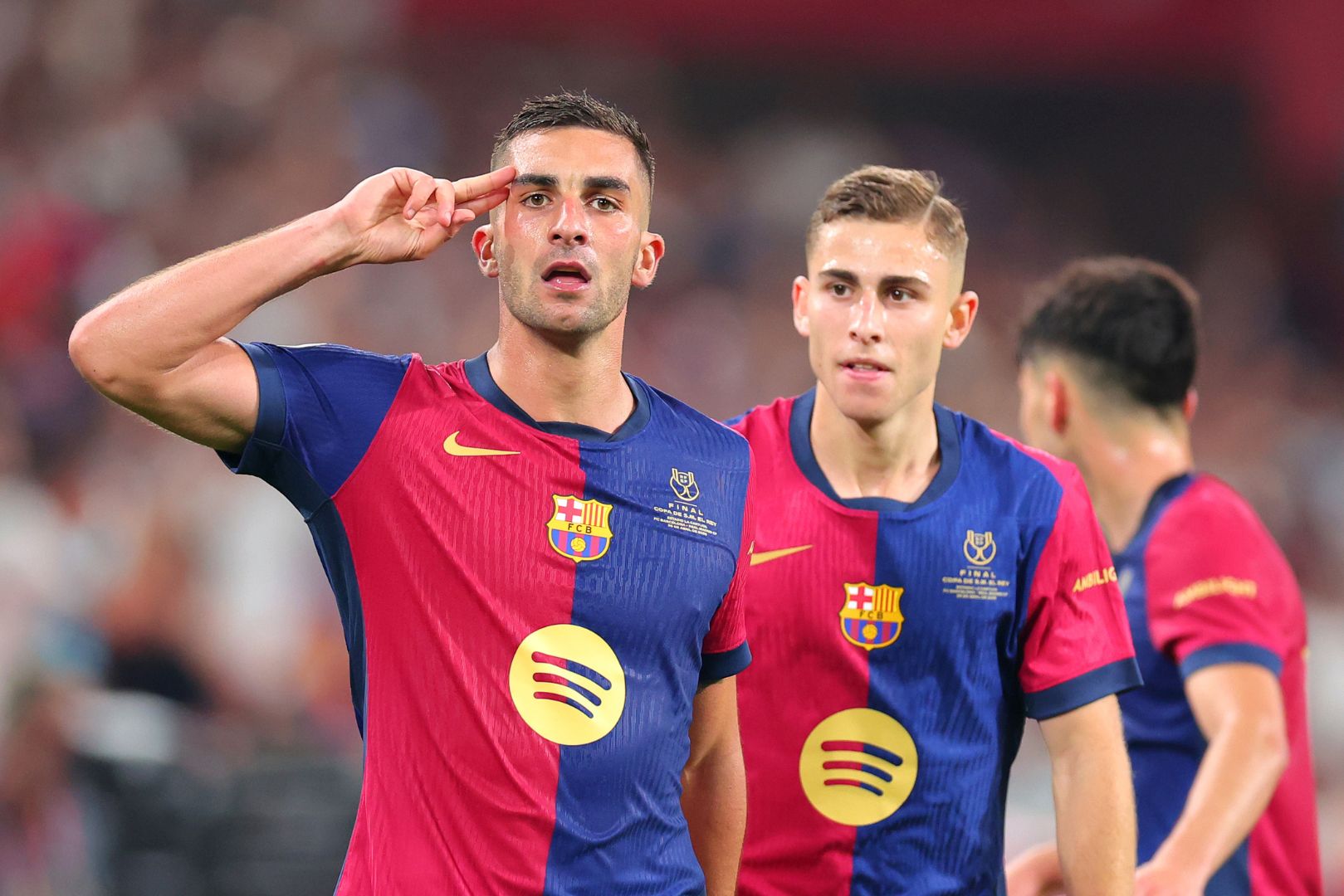 SEVILLE, SPAIN - APRIL 26: Ferran Torres of FC Barcelona celebrates scoring his team's second goal during the Copa del Rey Final match between FC Barcelona and Real Madrid at Estadio de La Cartuja on April 26, 2025 in Seville, Spain.