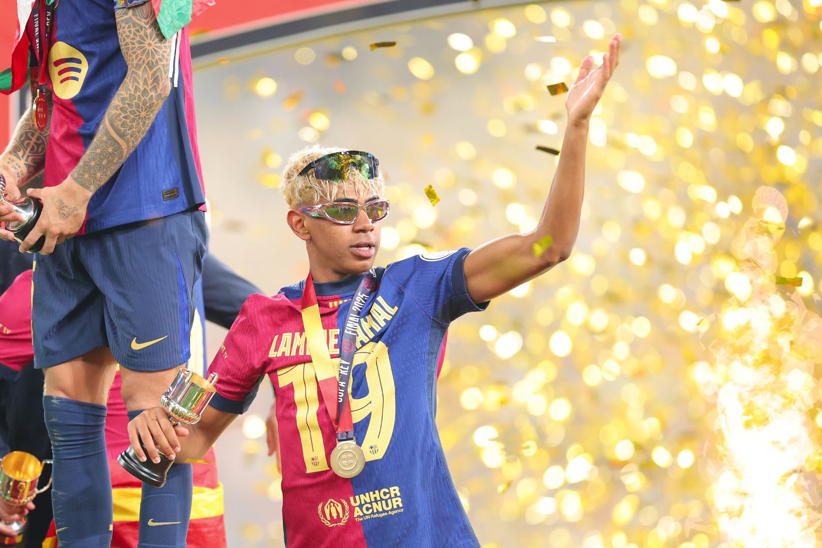 SEVILLE, SPAIN - APRIL 26: Lamine Yamal of FC Barcelona celebrates after winning the Copa del Rey Final match between FC Barcelona and Real Madrid at Estadio de La Cartuja on April 26, 2025 in Seville, Spain.