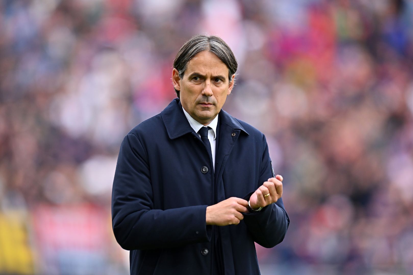 BOLOGNA, ITALY - APRIL 20: Simone Inzaghi, Head Coach of FC Internazionale, looks on prior to the Serie A match between Bologna and FC Internazionale at Stadio Renato Dall'Ara on April 20, 2025 in Bologna, Italy.