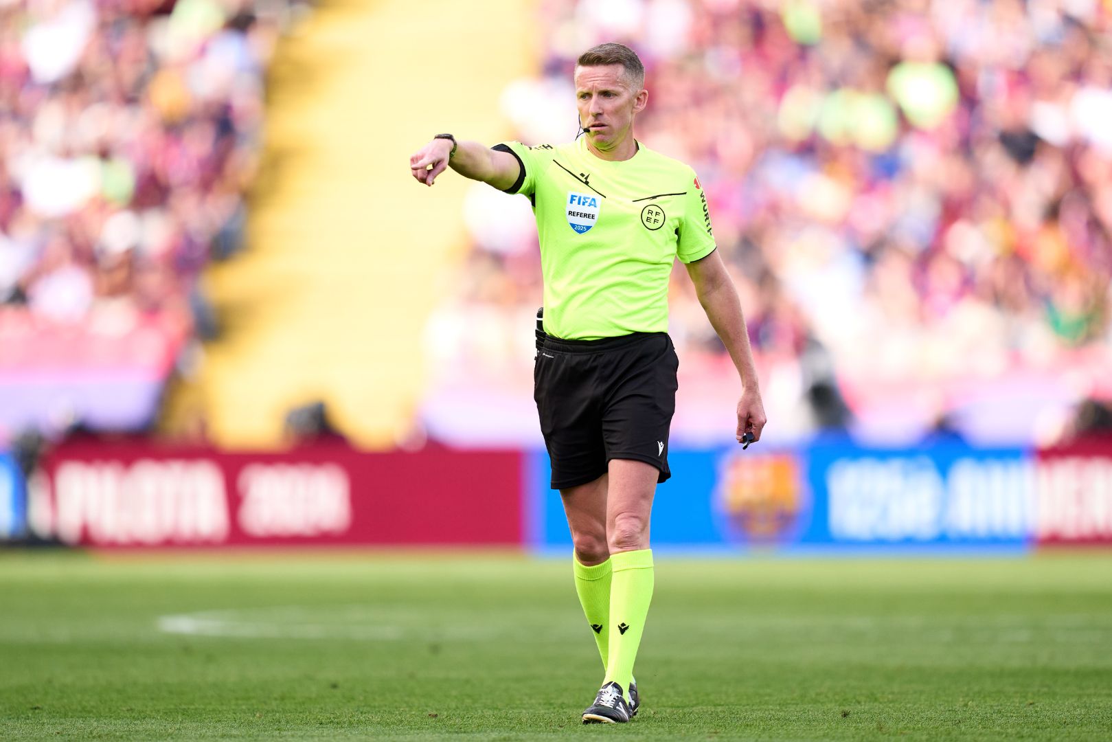 BARCELONA, SPAIN - MAY 11: Referee Alejandro Jose Hernandez Hernandez gestures during the LaLiga match between FC Barcelona and Real Madrid CF at Estadi Olimpic Lluis Companys on May 11, 2025 in Barcelona, Spain.