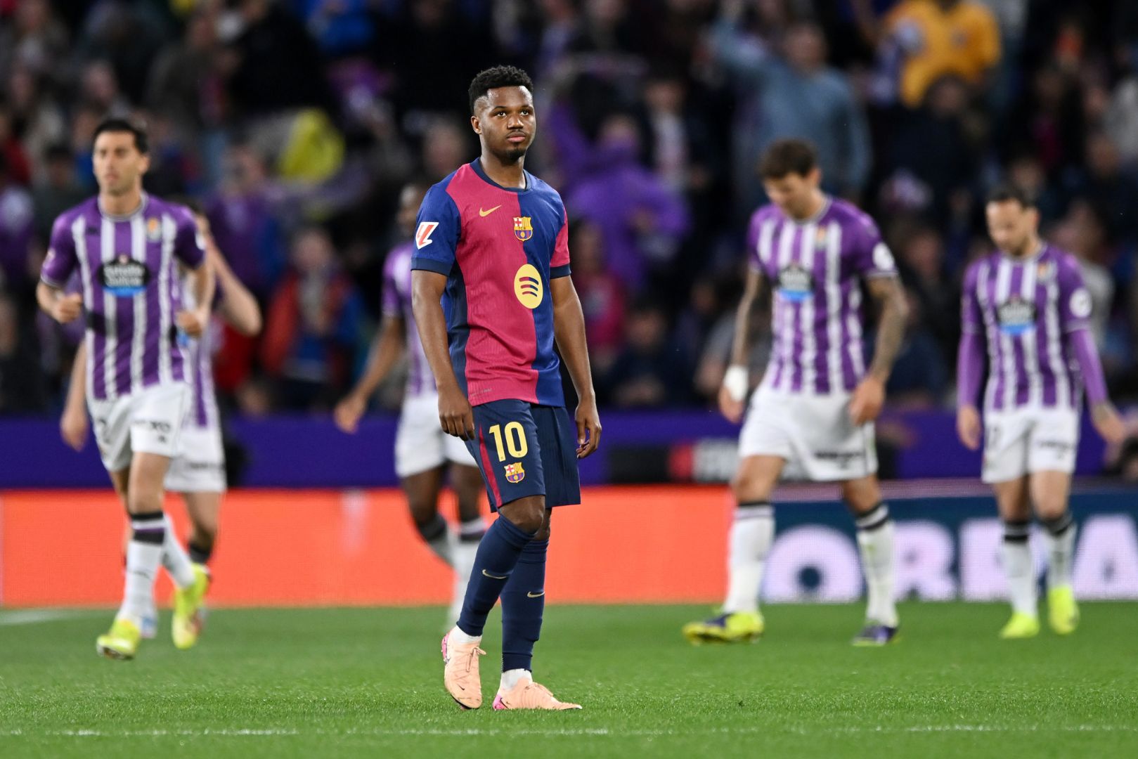 VALLADOLID, SPAIN - MAY 03: Ansu Fati of FC Barcelona reacts after Ivan Sanchez of Real Valladolid CF scores his teams first goal (not pictured) during the LaLiga match between Real Valladolid CF and FC Barcelona at Jose Zorrilla on May 03, 2025 in Valladolid, Spain.