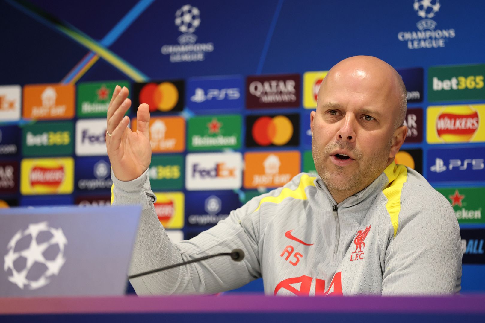 LIVERPOOL, ENGLAND - MARCH 10: Arne Slot, Manger of Liverpool, speaks in a press conference ahead of their UEFA Champions League 2024/25 round of 16 second leg match at Anfield on March 10, 2025 in Liverpool, England.