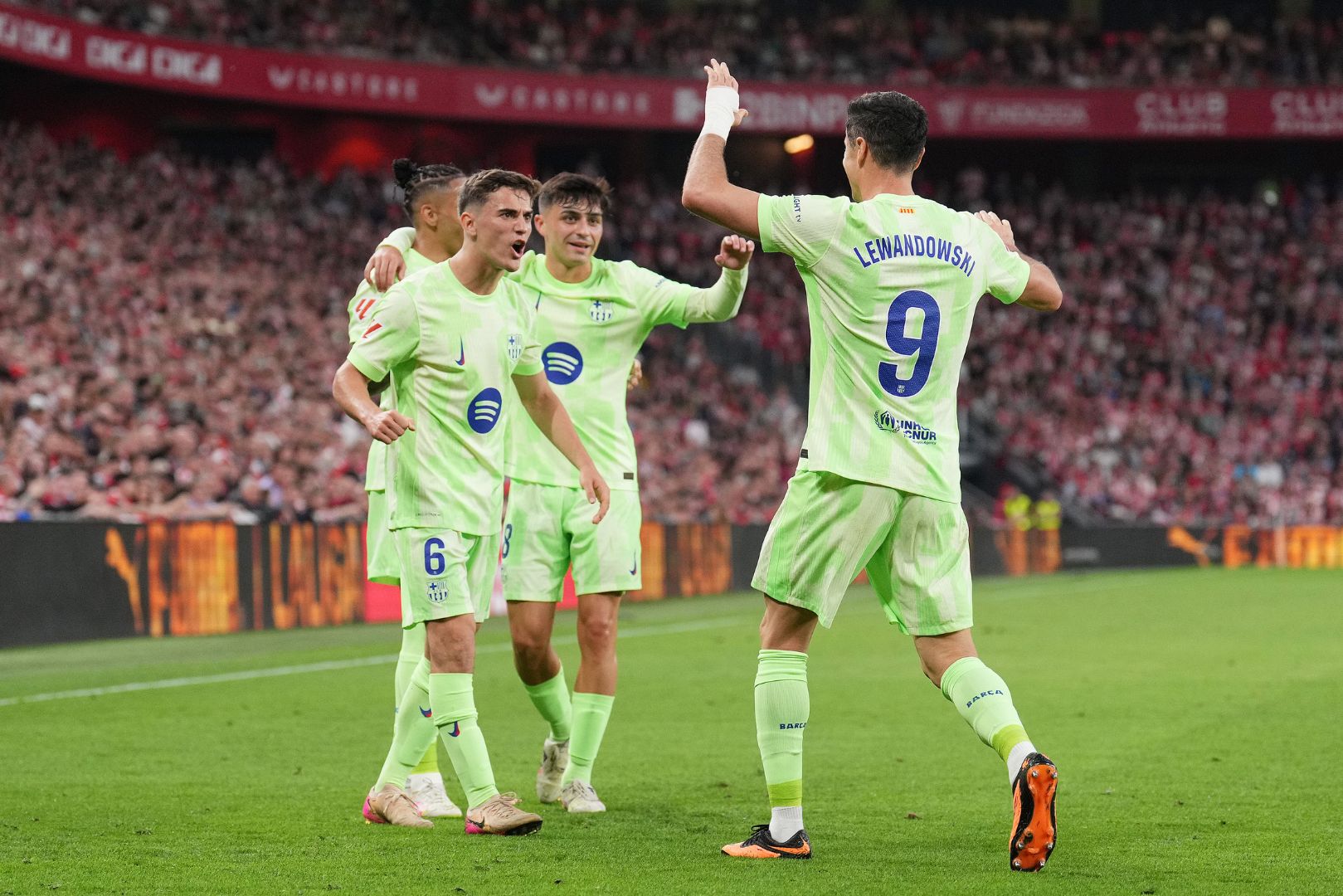 BILBAO, SPAIN - MAY 25: Robert Lewandowski of FC Barcelona celebrates scoring his team's first goal with teammates during the LaLiga match between Athletic Club and FC Barcelona at Estadio de San Mames on May 25, 2025 in Bilbao, Spain.