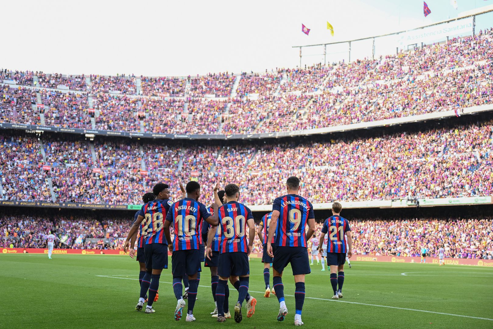 BARCELONA, SPAIN - MAY 28: Ansu Fati of FC Barcelona celebrates with his team mates their team's first goal during the LaLiga Santander match between FC Barcelona and RCD Mallorca at Spotify Camp Nou on May 28, 2023 in Barcelona, Spain.