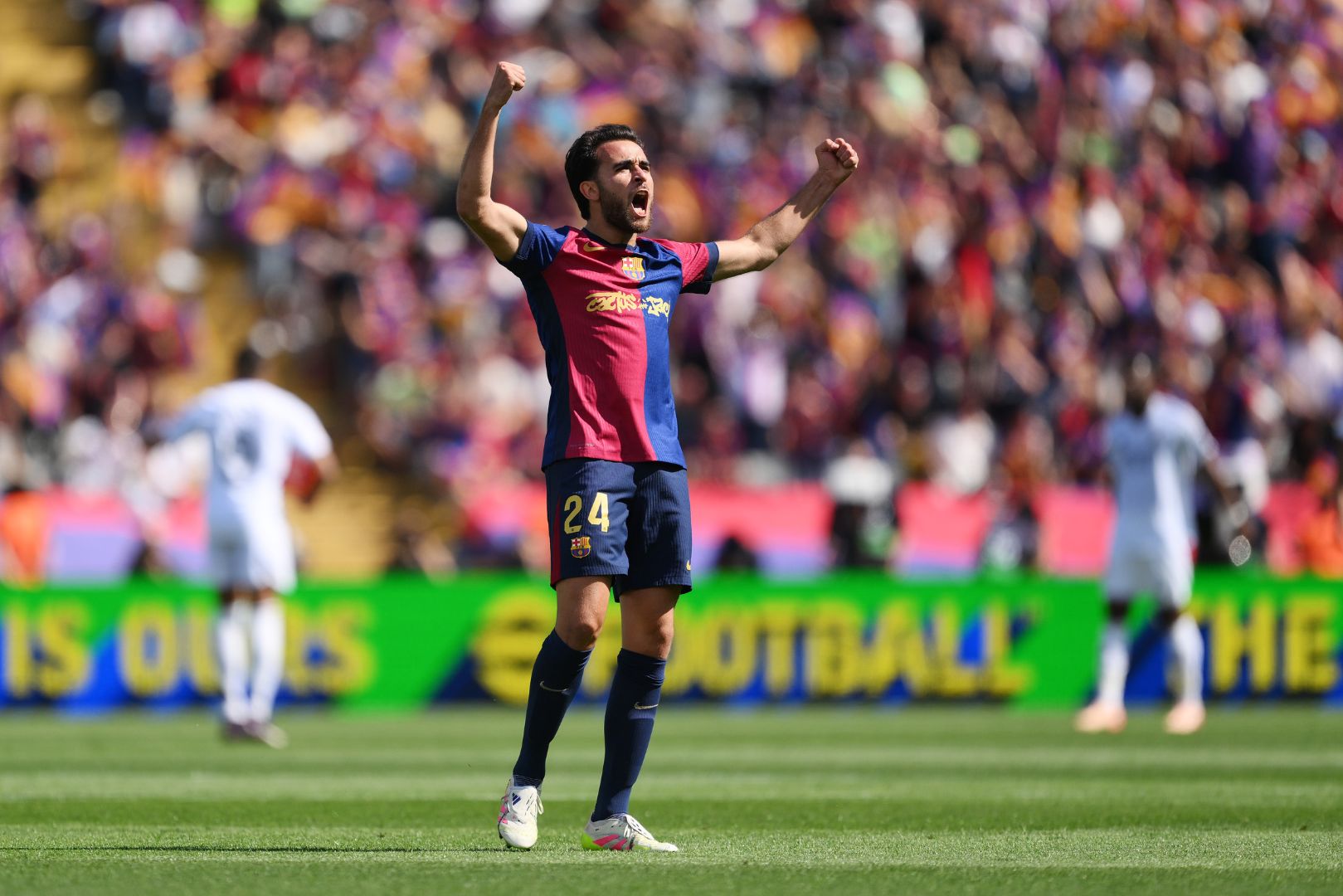 BARCELONA, SPAIN - MAY 11: Eric Garcia of FC Barcelona celebrates scoring his team's first goal during the LaLiga match between FC Barcelona and Real Madrid CF at Estadi Olimpic Lluis Companys on May 11, 2025 in Barcelona, Spain.