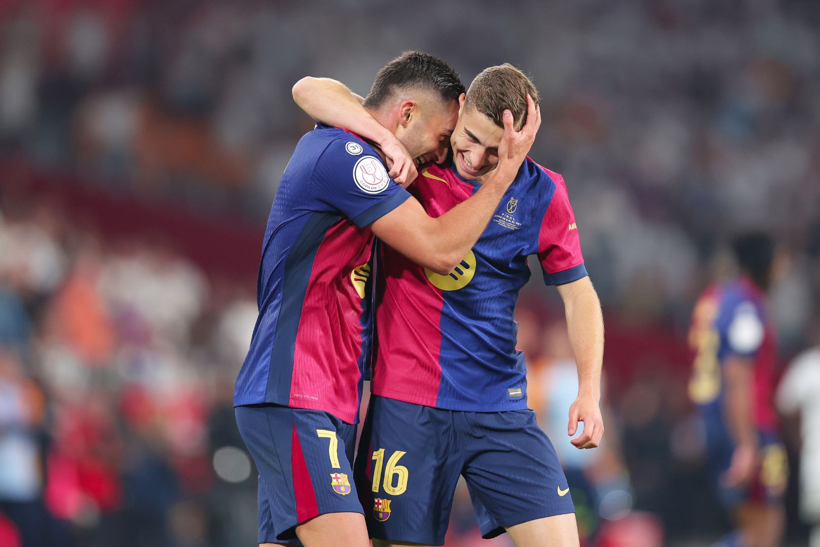 SEVILLE, SPAIN - APRIL 26: Ferran Torres of FC Barcelona celebrates after scoring the teams second goal with Fermin Lopez during the Copa del Rey Final match between FC Barcelona and Real Madrid at Estadio de La Cartuja on April 26, 2025 in Seville, Spain.