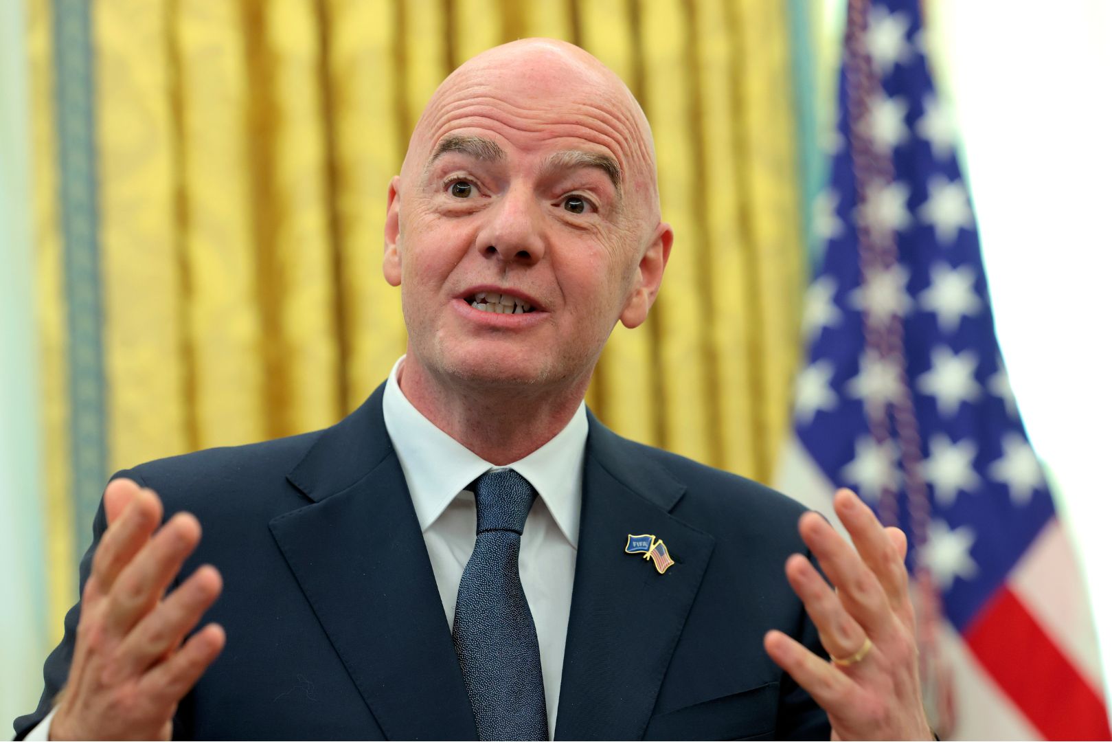 WASHINGTON, DC - MARCH 07: President of Fédération Internationale de Football Association (FIFA) Gianni Infantino speaks to the media during an executive order singing ceremony with U.S. President Donald Trump in the Oval Office at the White House on March 07, 2025 in Washington, DC. President Trump signed an executive order establishing a White House Task Force for the 2026 World Cup.