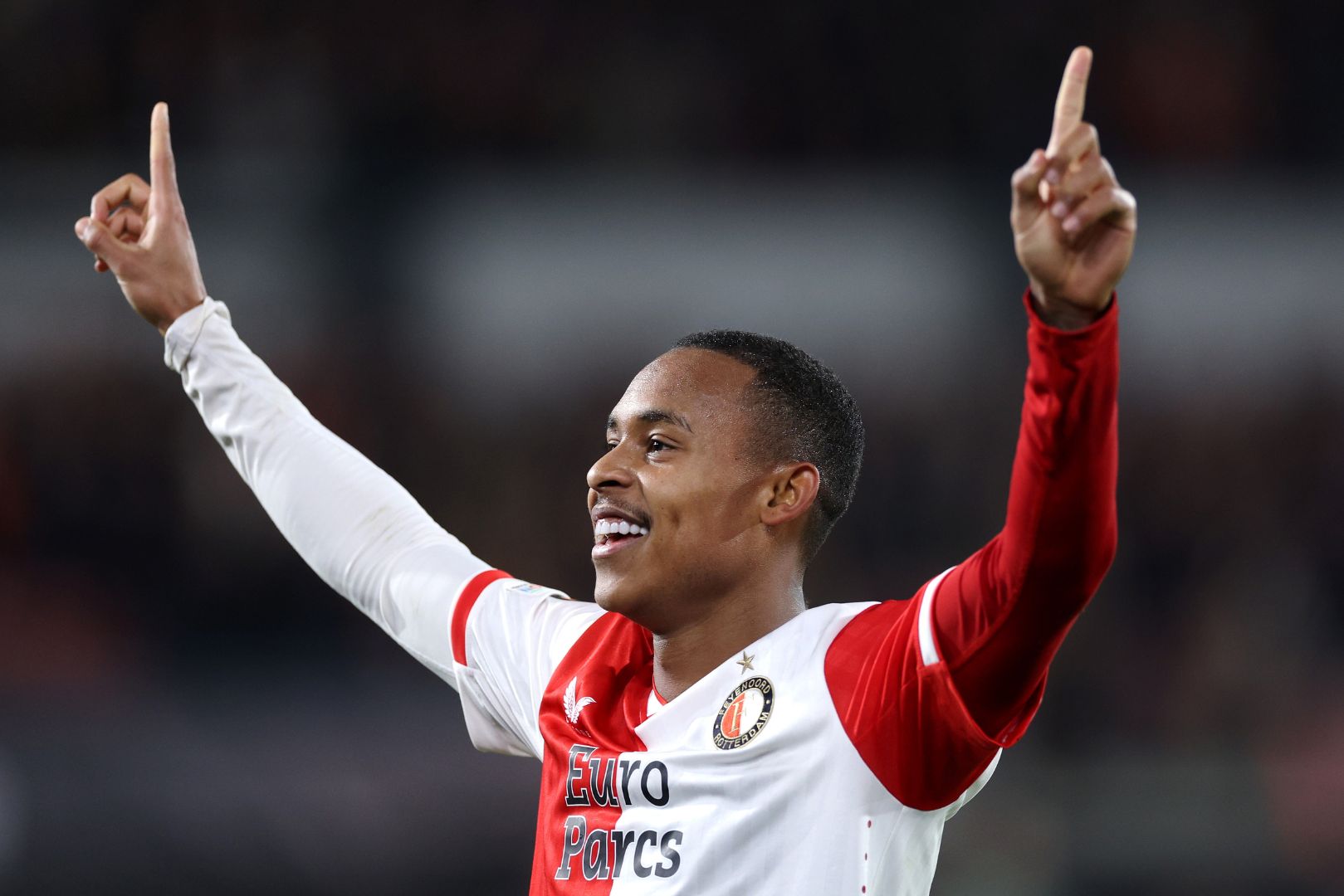 ROTTERDAM, NETHERLANDS - FEBRUARY 15: Igor Paixao of Feyenoord celebrates after scoring his team's first goal during the UEFA Europa League 2023/24 Knockout Round Play-offs First Leg match between Feyenoord and AS Roma at Feyenoord Stadium on February 15, 2024 in Rotterdam, Netherlands.