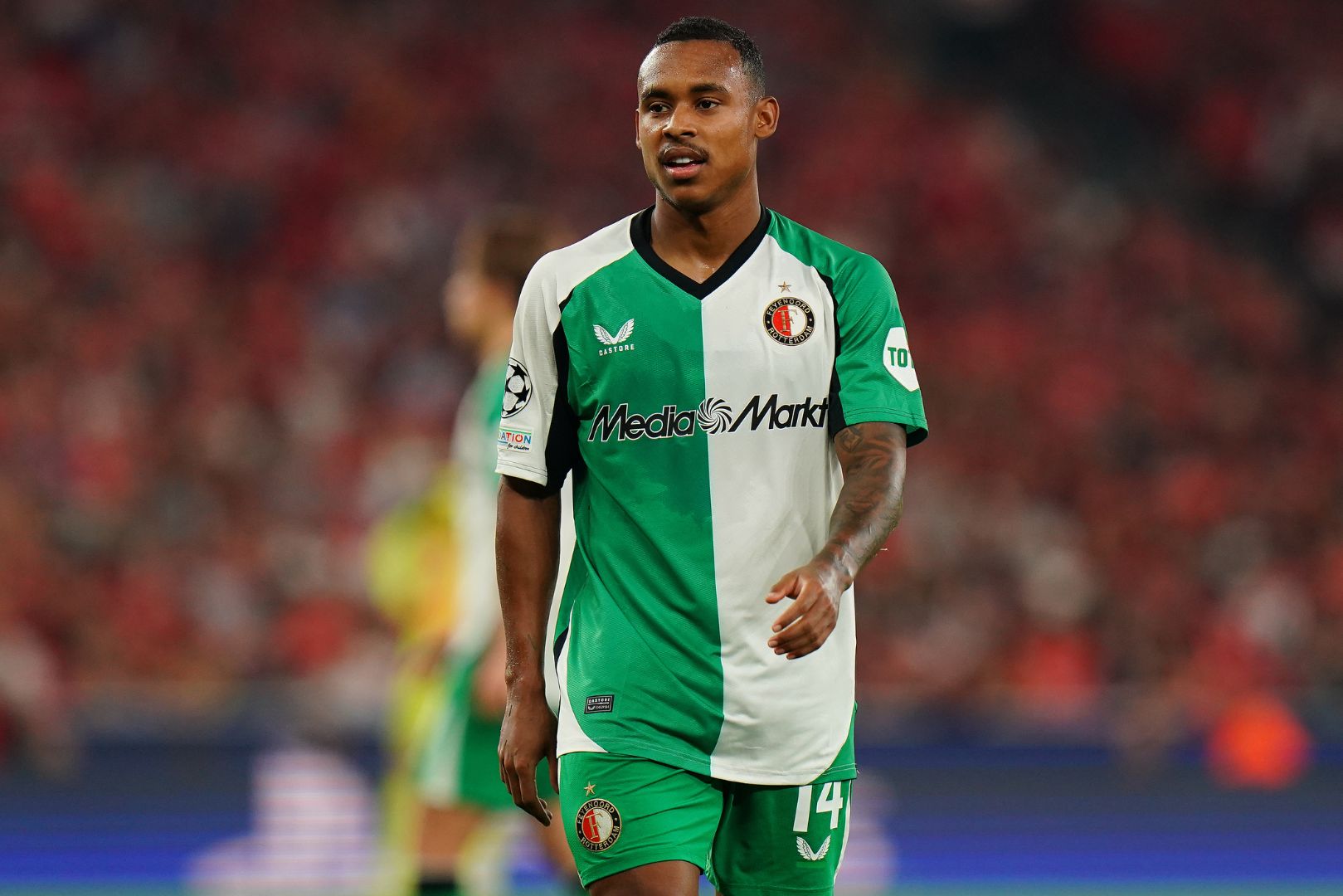 ROTTERDAM, NETHERLANDS - FEBRUARY 15: Igor Paixao of Feyenoord celebrates after scoring his team's first goal during the UEFA Europa League 2023/24 Knockout Round Play-offs First Leg match between Feyenoord and AS Roma at Feyenoord Stadium on February 15, 2024 in Rotterdam, Netherlands.