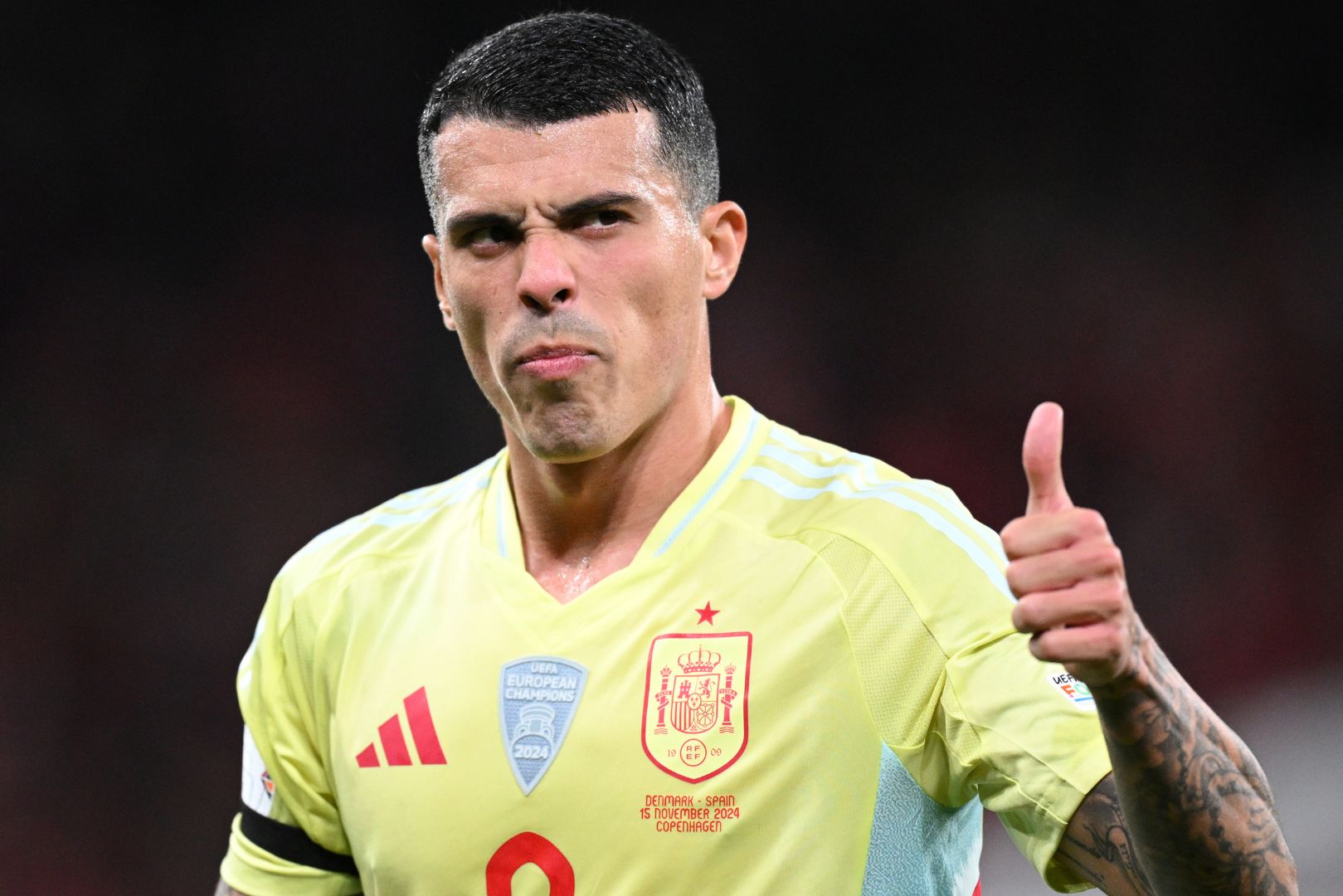 COPENHAGEN, DENMARK - NOVEMBER 15: Pedro Porro of Spain in action during the UEFA Nations League 2024/25 League A Group A4 match between Denmark and Spain at on November 15, 2024 in Copenhagen, Denmark.