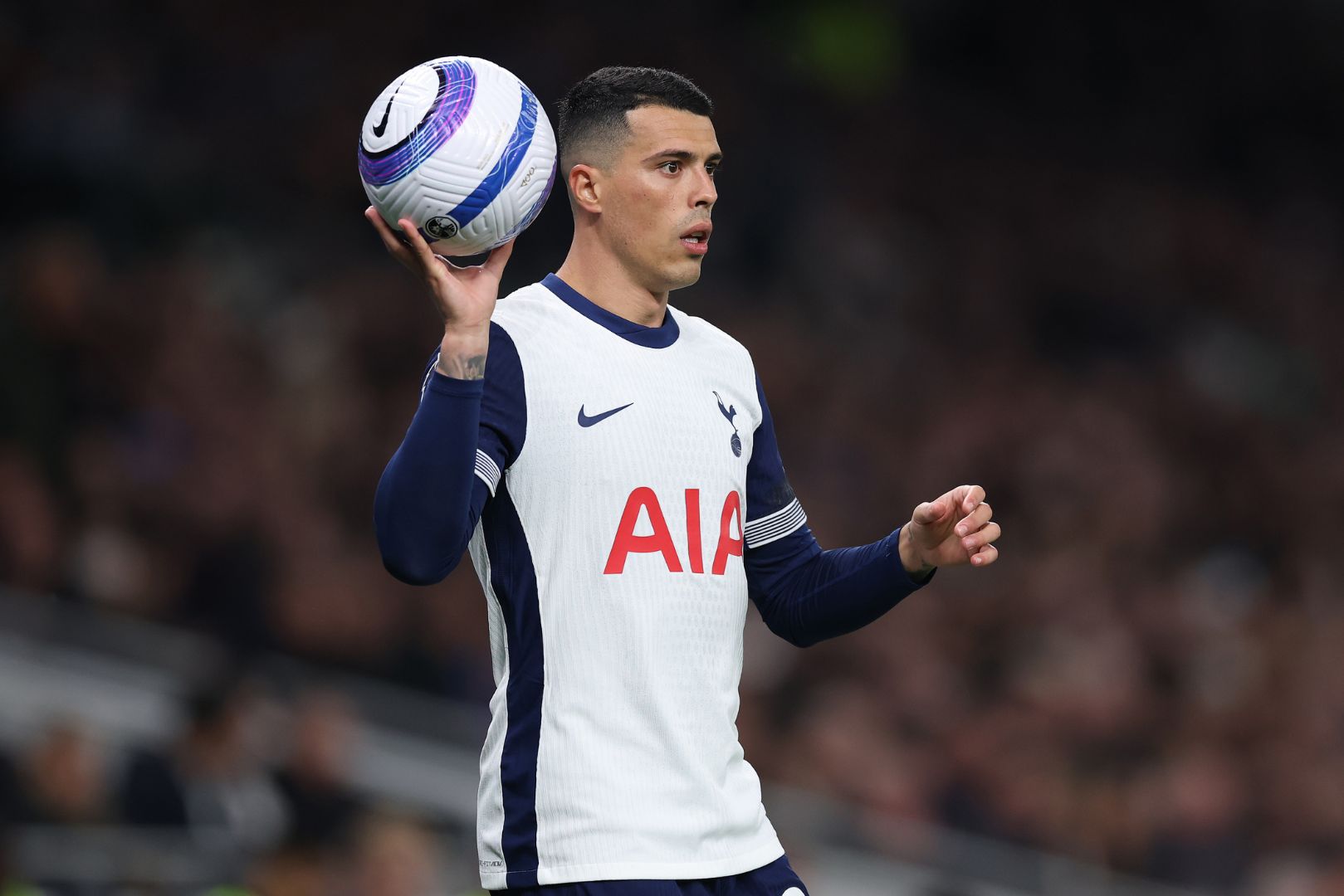 LONDON, ENGLAND - APRIL 21: Pedro Porro of Tottenham Hotspur reacts during the Premier League match between Tottenham Hotspur FC and Nottingham Forest FC at Tottenham Hotspur Stadium on April 21, 2025 in London, England.