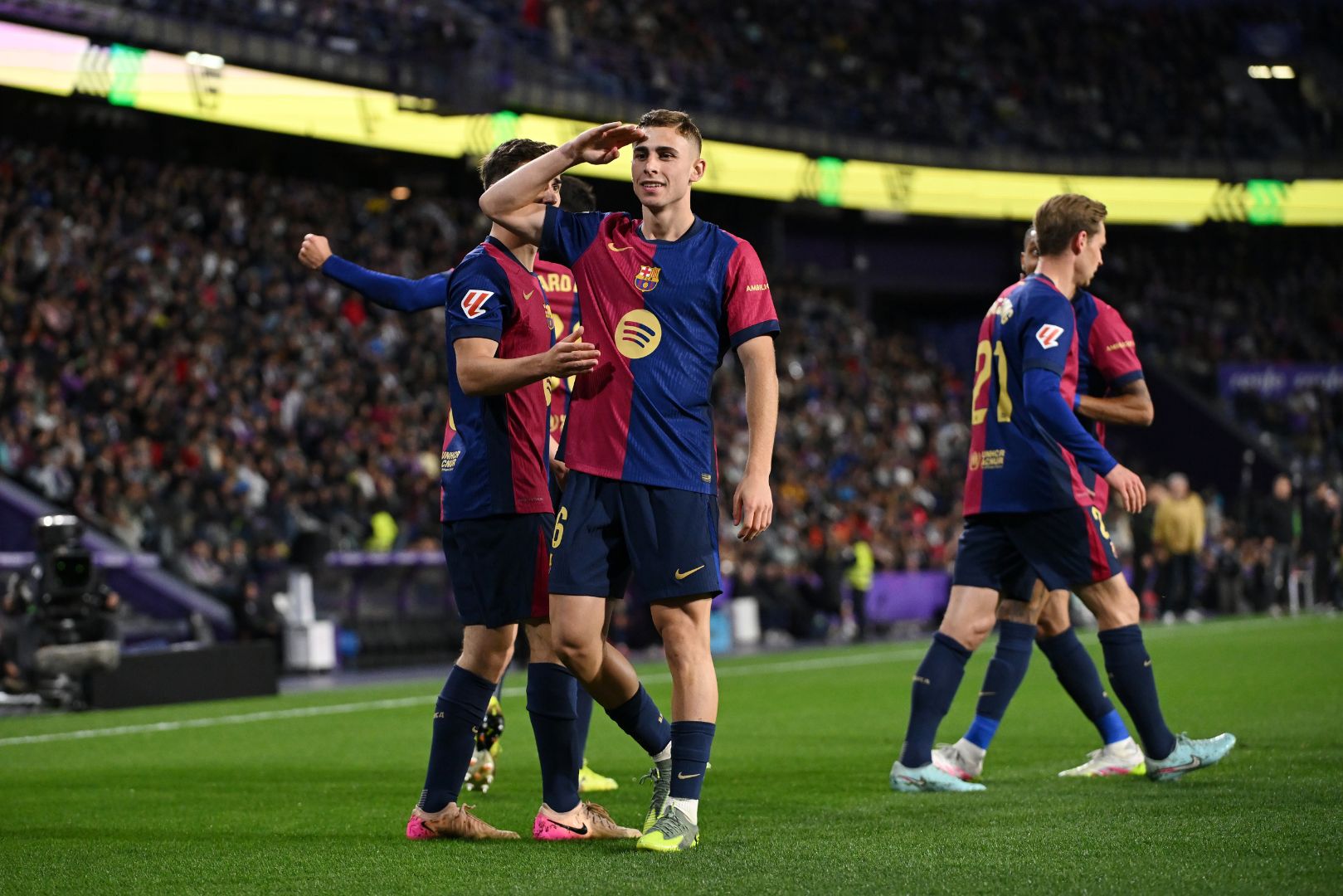 VALLADOLID, SPAIN - MAY 03: Fermin Lopez of FC Barcelona celebrates scoring his team's second goal during the LaLiga match between Real Valladolid CF and FC Barcelona at Jose Zorrilla on May 03, 2025 in Valladolid, Spain.